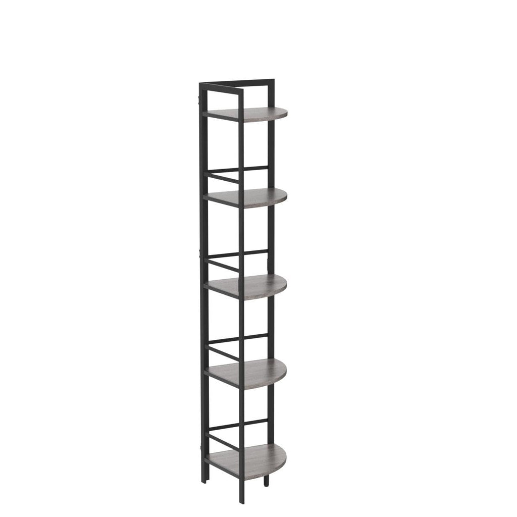 BON AUGURE 5-Tier Corner Ladder Shelf Stand, Black Metal Wood Corner Bookshelf, Narrow Tall Display Bookcase Shelving Unit for Living Room, Home Office, Small Space (Rustic Oak)