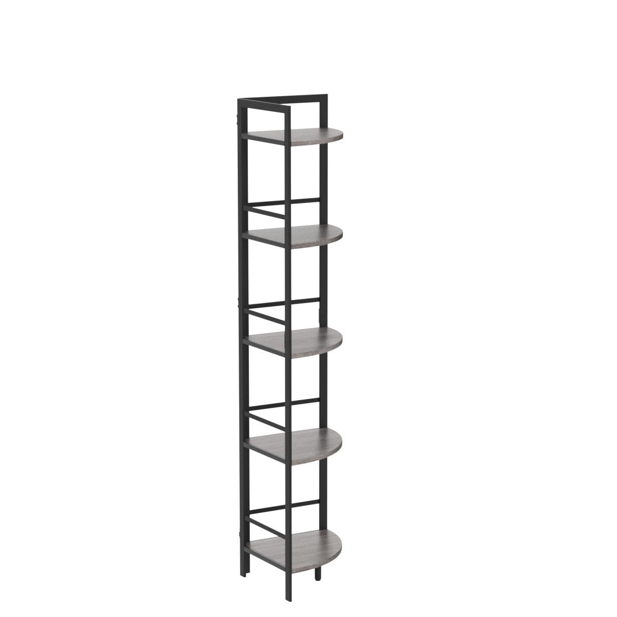 BON AUGURE 5-Tier Corner Ladder Shelf Stand, Black Metal Wood Corner Bookshelf, Narrow Tall Display Bookcase Shelving Unit for Living Room, Home Office, Small Space (Rustic Oak)