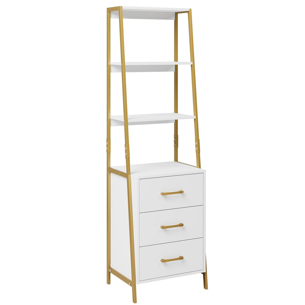 HITHOS Black Gold 4-Tier Bookshelf, Tall Bookcase with 3 Wooden Drawers, Modern Ladder Book Shlef Storage Organizer for Living Room, Entryway, Office