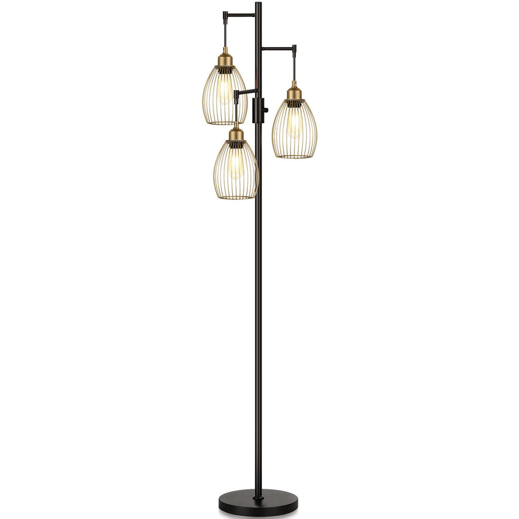 Dimmable Floor Lamp, Industrial Floor Lamps for Living Room, Gold Tree Lamp Standing Lamp Tall Lamps with 3 Elegant Teardrop Cage Head & 800 Lumens LED Bulbs for Living room Bedroom Office Dining Room