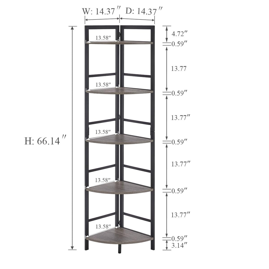 BON AUGURE 5-Tier Corner Ladder Shelf Stand, Black Metal Wood Corner Bookshelf, Narrow Tall Display Bookcase Shelving Unit for Living Room, Home Office, Small Space (Rustic Oak)