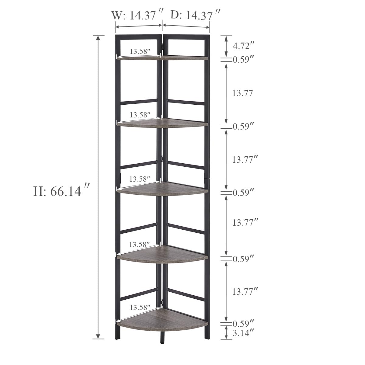 BON AUGURE 5-Tier Corner Ladder Shelf Stand, Black Metal Wood Corner Bookshelf, Narrow Tall Display Bookcase Shelving Unit for Living Room, Home Office, Small Space (Rustic Oak)