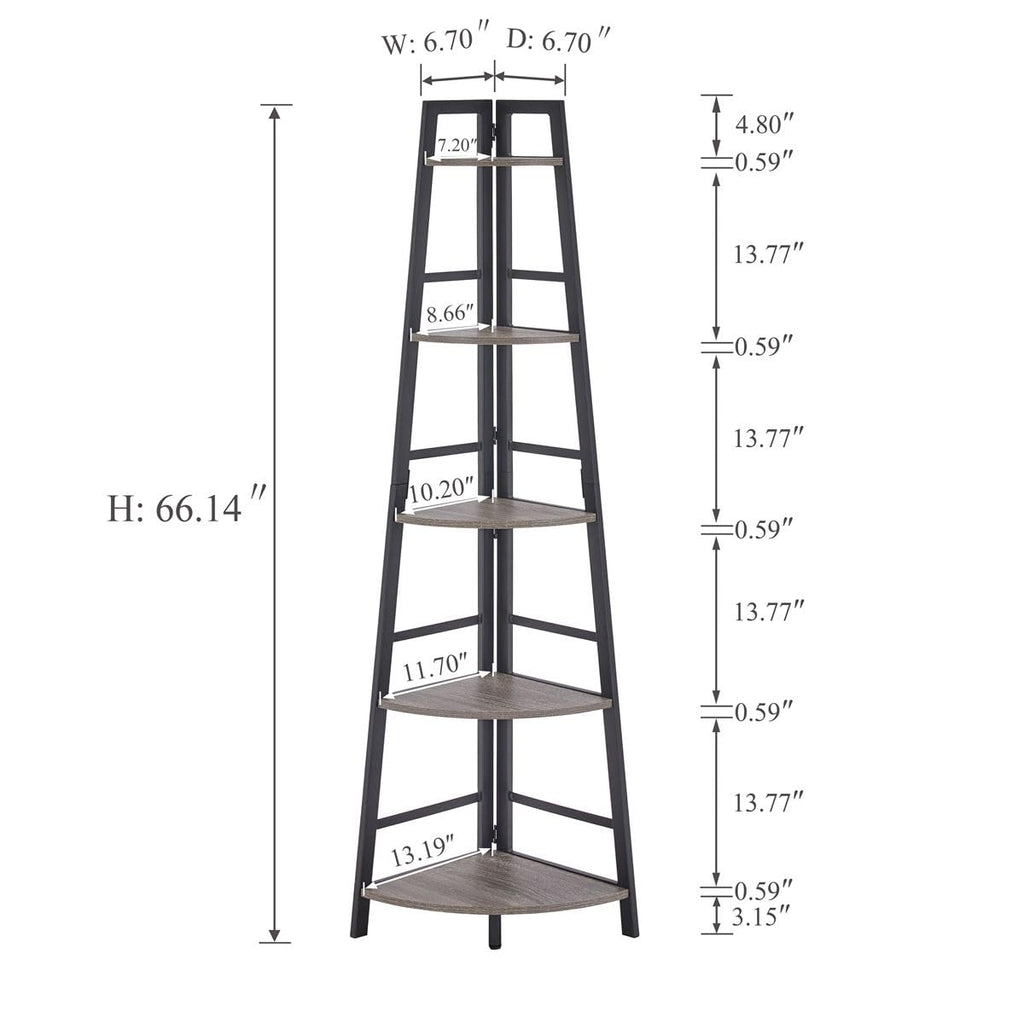 BON AUGURE 5-Tier Corner Ladder Shelf Stand, Black Metal Wood Corner Bookshelf, Narrow Tall Display Bookcase Shelving Unit for Living Room, Home Office, Small Space (Rustic Oak)