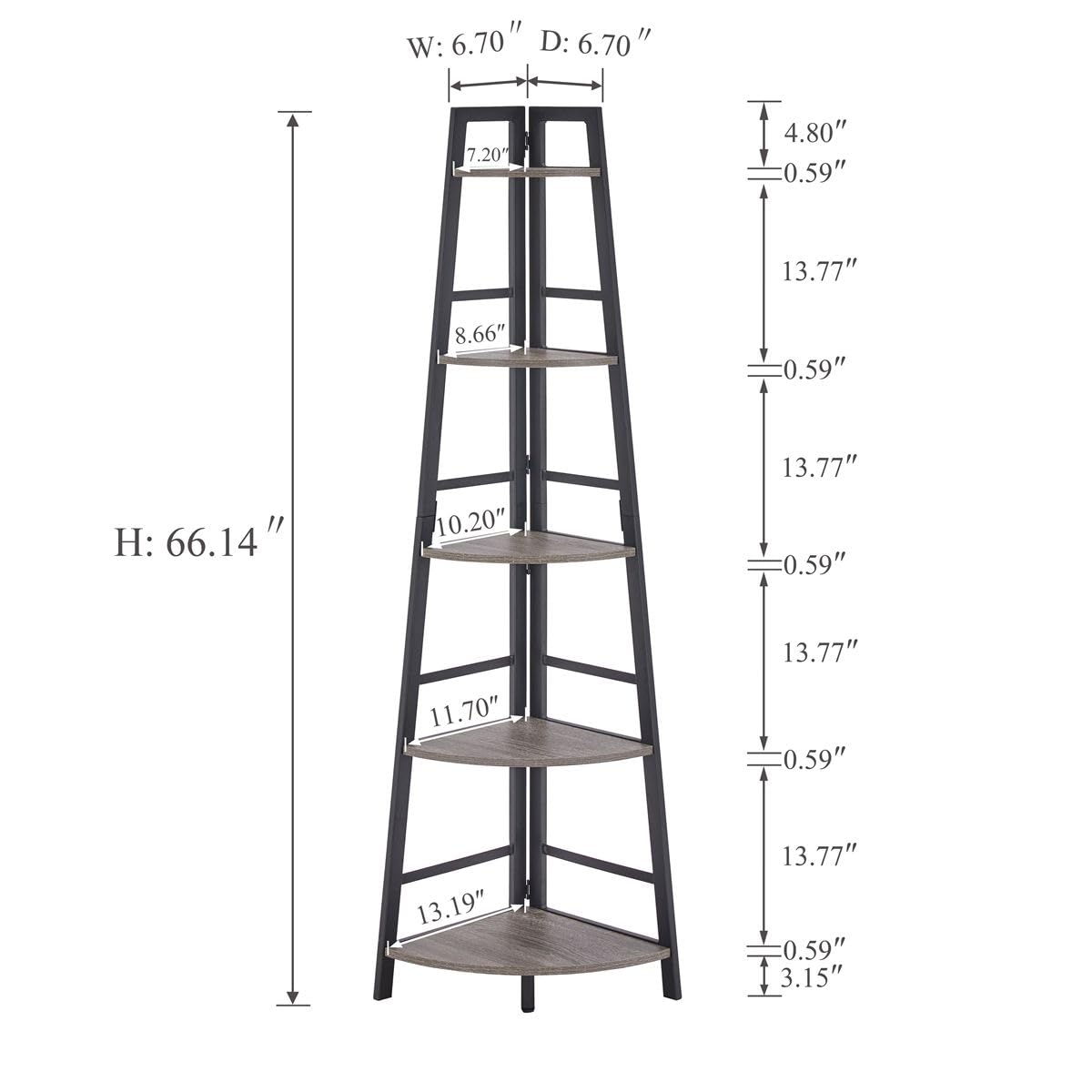 BON AUGURE 5-Tier Corner Ladder Shelf Stand, Black Metal Wood Corner Bookshelf, Narrow Tall Display Bookcase Shelving Unit for Living Room, Home Office, Small Space (Rustic Oak)