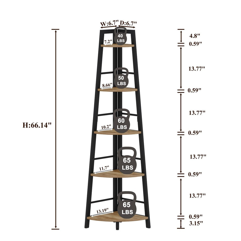 BON AUGURE 5-Tier Corner Ladder Shelf Stand, Black Metal Wood Corner Bookshelf, Narrow Tall Display Bookcase Shelving Unit for Living Room, Home Office, Small Space (Rustic Oak)