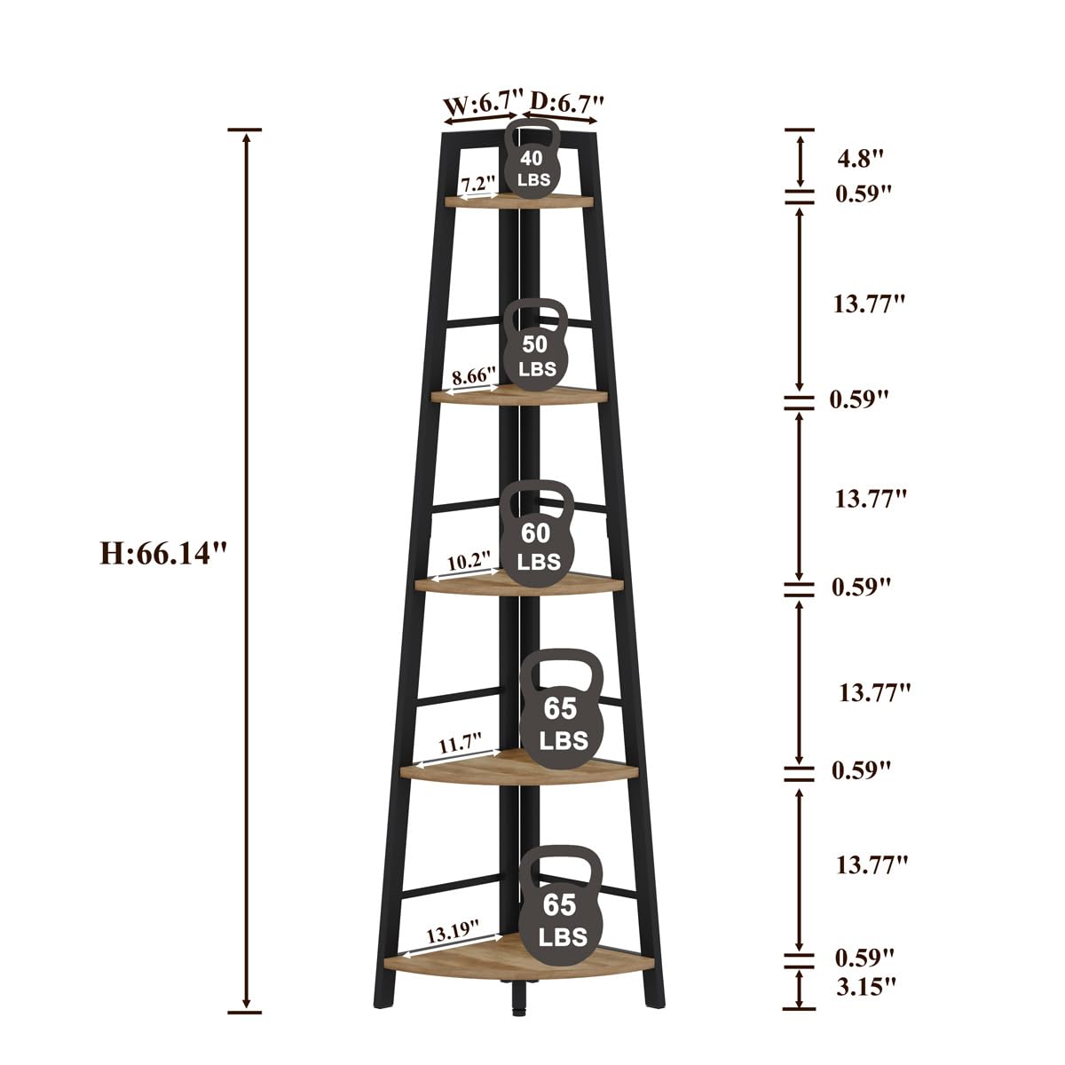 BON AUGURE 5-Tier Corner Ladder Shelf Stand, Black Metal Wood Corner Bookshelf, Narrow Tall Display Bookcase Shelving Unit for Living Room, Home Office, Small Space (Rustic Oak)