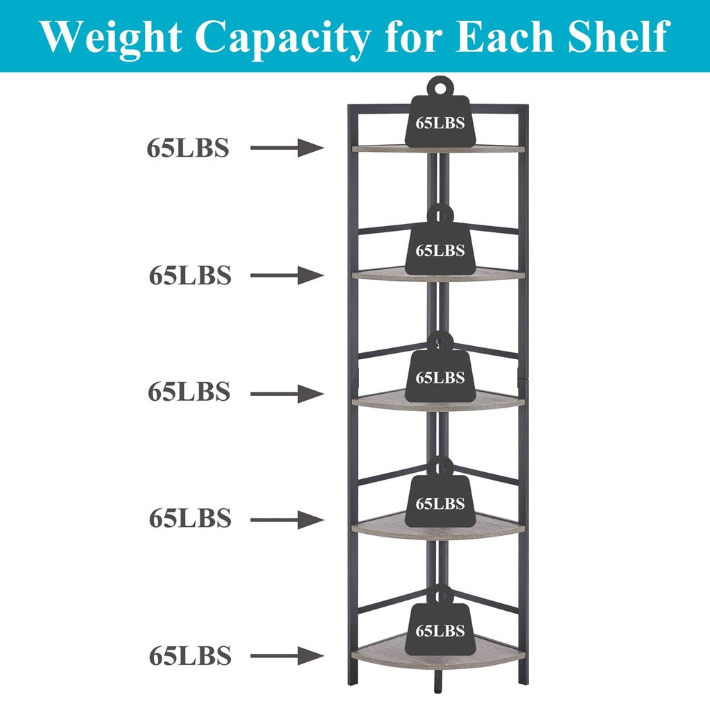 BON AUGURE 5-Tier Corner Ladder Shelf Stand, Black Metal Wood Corner Bookshelf, Narrow Tall Display Bookcase Shelving Unit for Living Room, Home Office, Small Space (Rustic Oak)