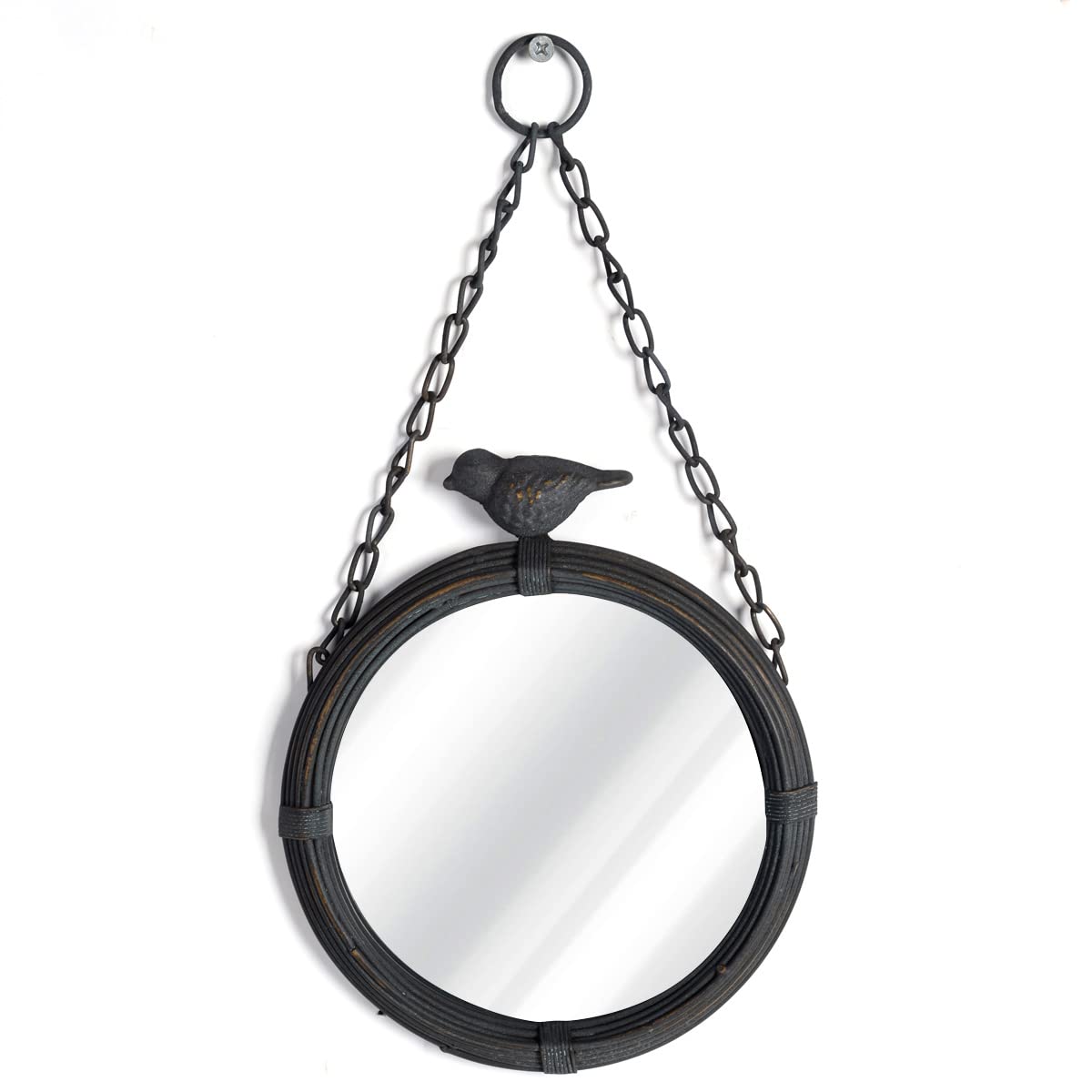 NIKKY HOME 6.7 Inch Decorative Small Hanging Mirrors Vintage Round Metal Framed Wall Mounted Mirror Decor with Bird for Bathroom Living Room Office, Rustic Gold