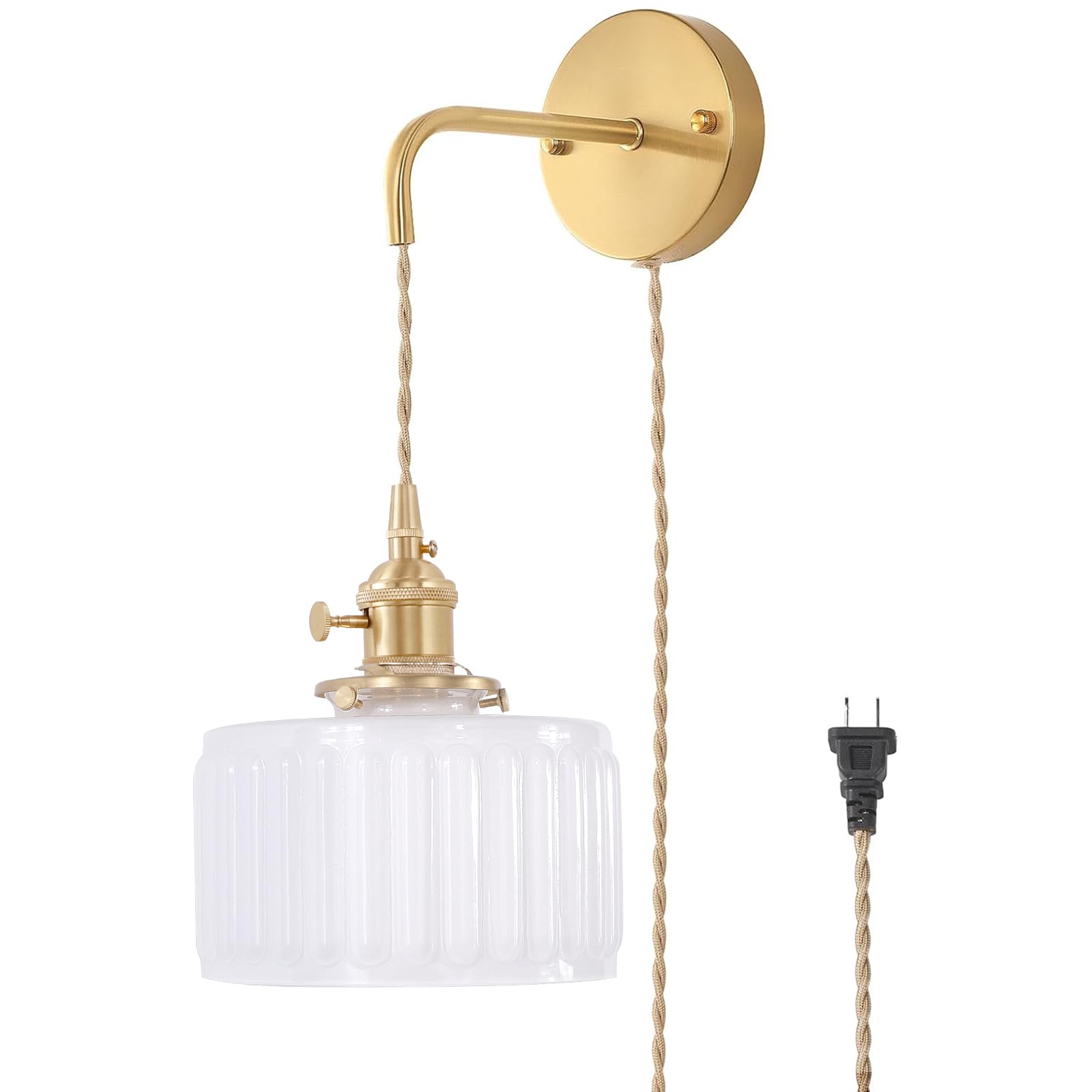 Shenmoyl Vintage Wall Sconce Wall Lamp with Amber Striped Glass Shade Hanging Wall Sconce with 4.9FT Plug in Cord, Modern Wall Lamp Fixtures Decor for Bedside Bedroom Indoor Doorway