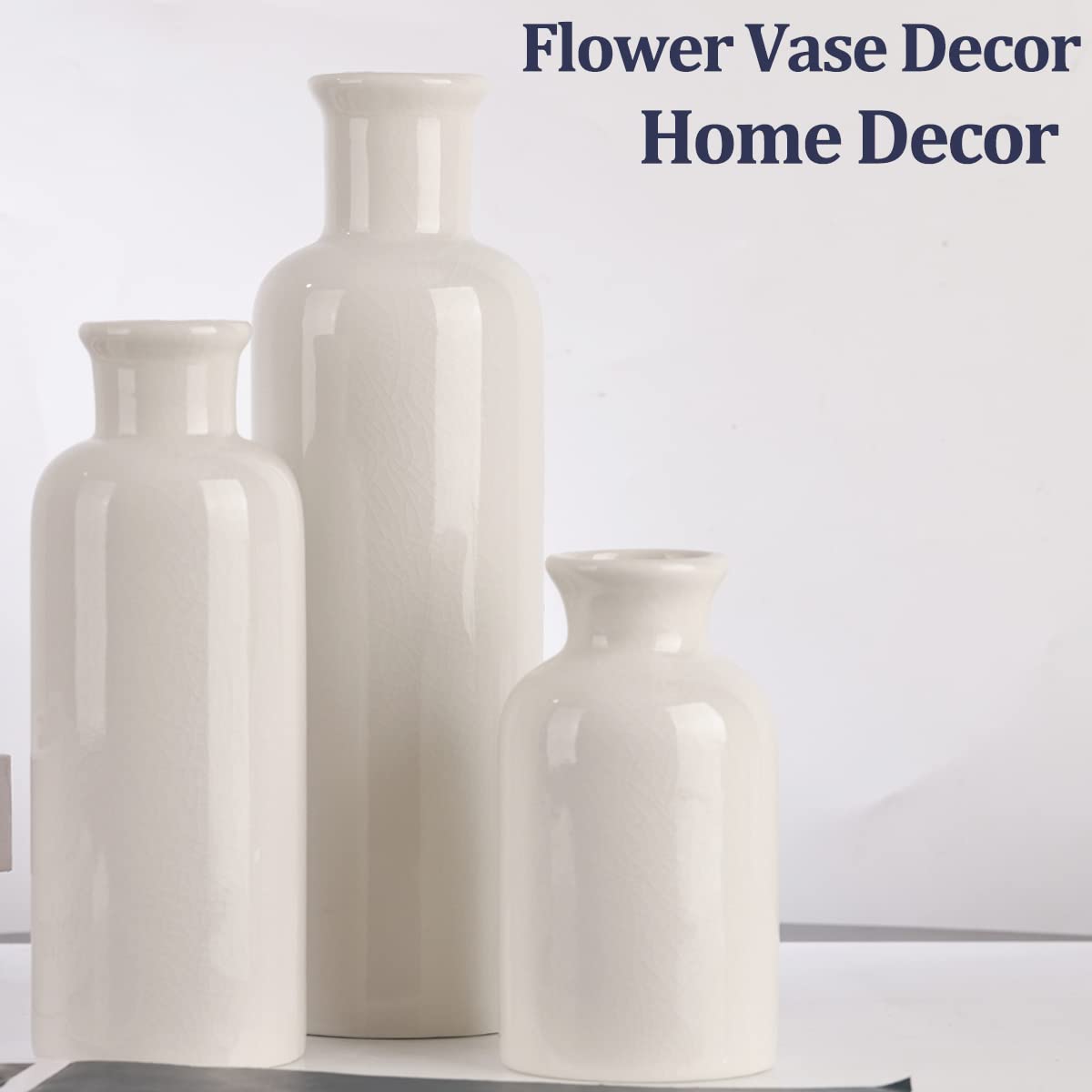 Blue Ceramic Vase Set - 3 Blue Small Vases, Farmhouse Country Flower Vase Home Decor, Living Room Decoration, Table Decoration, Fireplace Decor, and Entrance Decorations Centerpieces