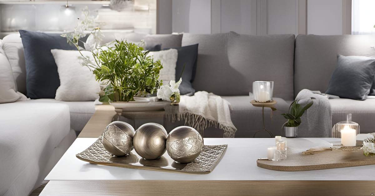 Creative Scents Dublin Silver Decorative Tray and Orbs Balls Set - Centerpiece Bowl with Balls for Dining room Table, Rustic Coffee Table Decor for Living Room Decor, Gift Boxed