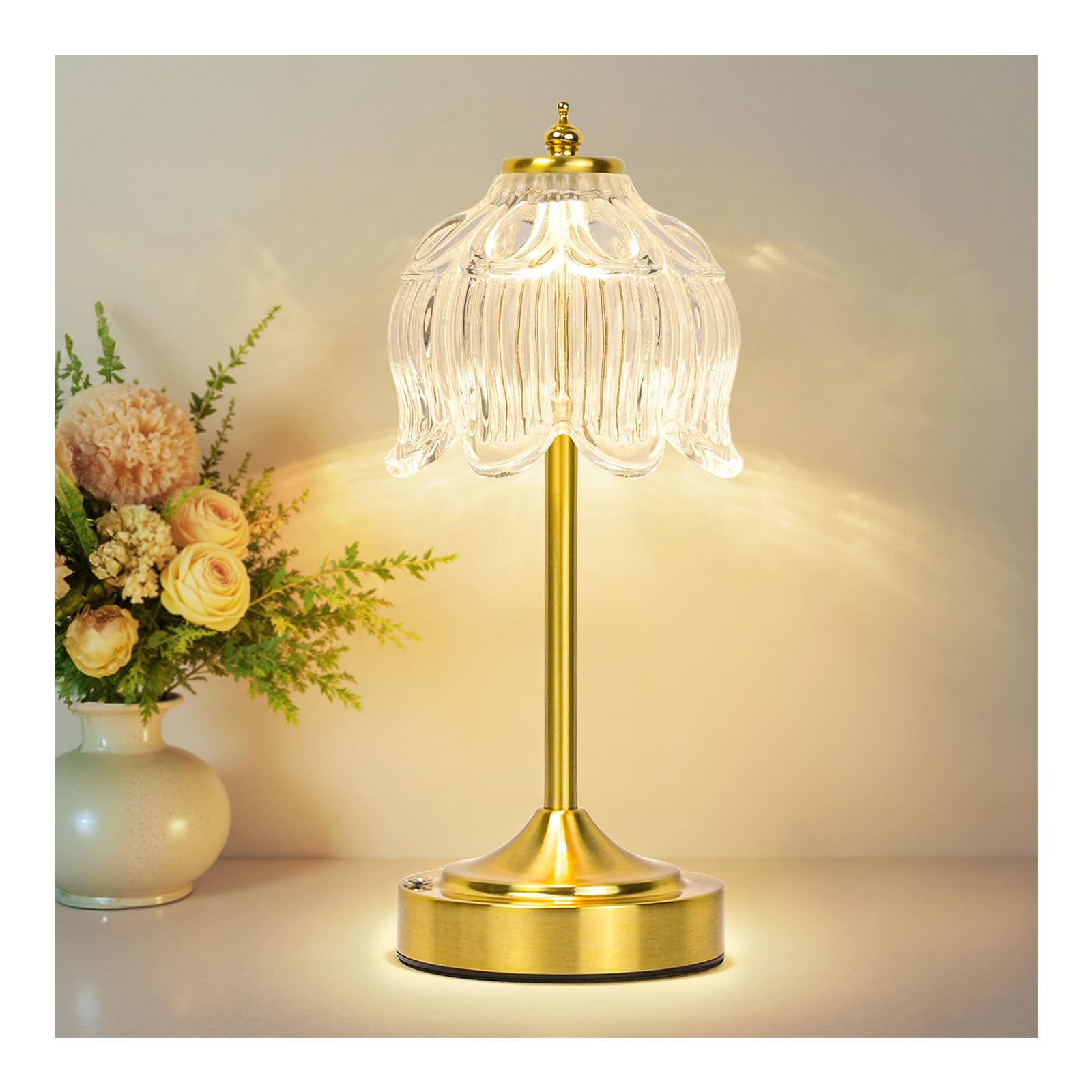Cordless Lotus Flower Table Lamp, 5200mAh Rechargeable Battery Operated Portable Lamp, 3-Color Dimmable Touch Control Small Desk Lamp for Bedroom, Office, Kitchen, Nightstand,Room Decor (Flower Amber)