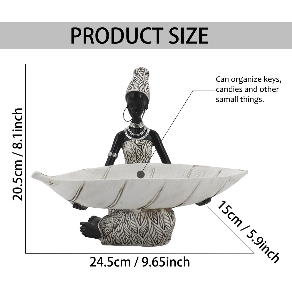 Lescafita African Woman Sculpture with Gold Leaf Bowl, Handmade Resin Figurine, Exotic Tribal Art Statue for Living Room, Dining Table, or Entryway Decoration
