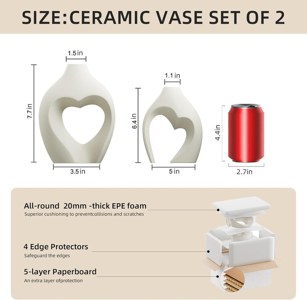 Zormon White Vases for Decor, Heart Shaped Ceramic Vase Set of 2, Nordic Heart Shaped Vases, Minimalist Decorative Vase for Table Centerpiece Wedding Dining Living Room Office House Decoration