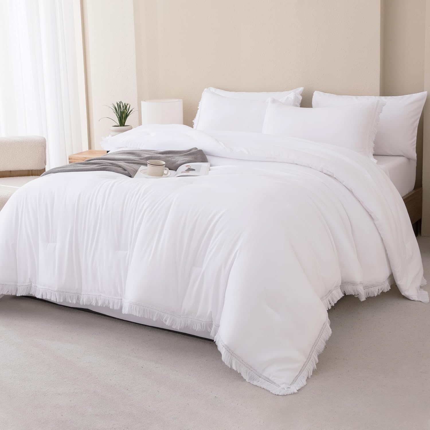 Andency King Size Comforter Set with Sheets Light Pink - 7 Pieces Bed in a Bag Boho Soft Lightweight Bedding Sets, Tassel Bed Set with Comforter, Sheets, Pillowcases & Shams