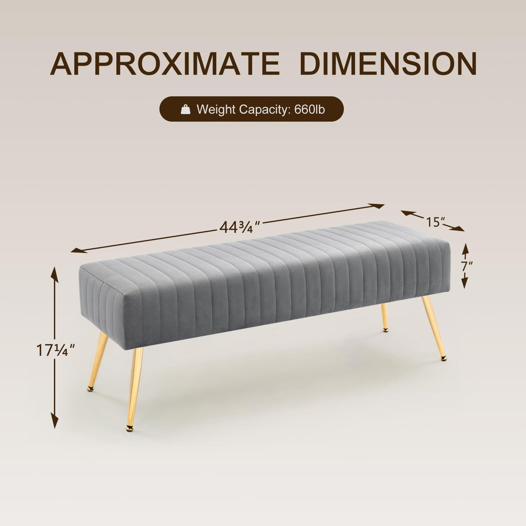 Furnimart 44 Inch Green Velvet Bench Ottoman Comfortable Footrest Stool Table Bench Dining Bench Tufting Bench Indoor Bench with Gold Legs for Living Room Bedroom Entryway (Velvet-Green)