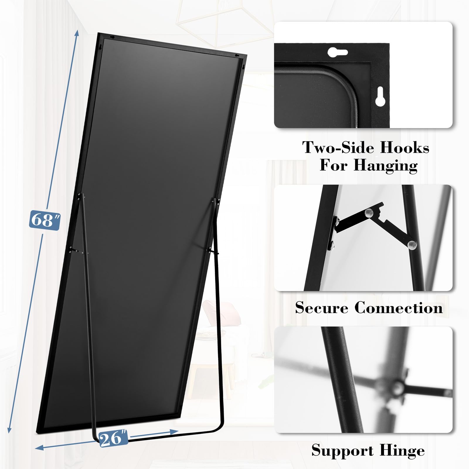 DUMOS Arched Full Length Mirror with Stand 64"x21" Floor Standing Aluminum Frame for Bedroom Body Hanging Leaning Modern Simple Home Decor Shatter-proorf Nano Glass Wall Living Room Cloakroom Black
