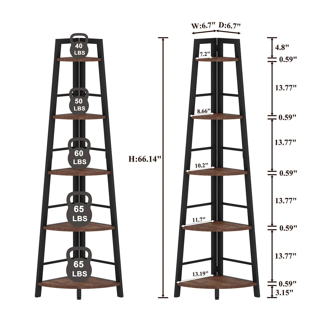 BON AUGURE 5-Tier Corner Ladder Shelf Stand, Black Metal Wood Corner Bookshelf, Narrow Tall Display Bookcase Shelving Unit for Living Room, Home Office, Small Space (Rustic Oak)