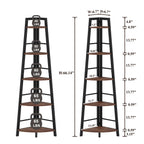 BON AUGURE 5-Tier Corner Ladder Shelf Stand, Black Metal Wood Corner Bookshelf, Narrow Tall Display Bookcase Shelving Unit for Living Room, Home Office, Small Space (Rustic Oak)