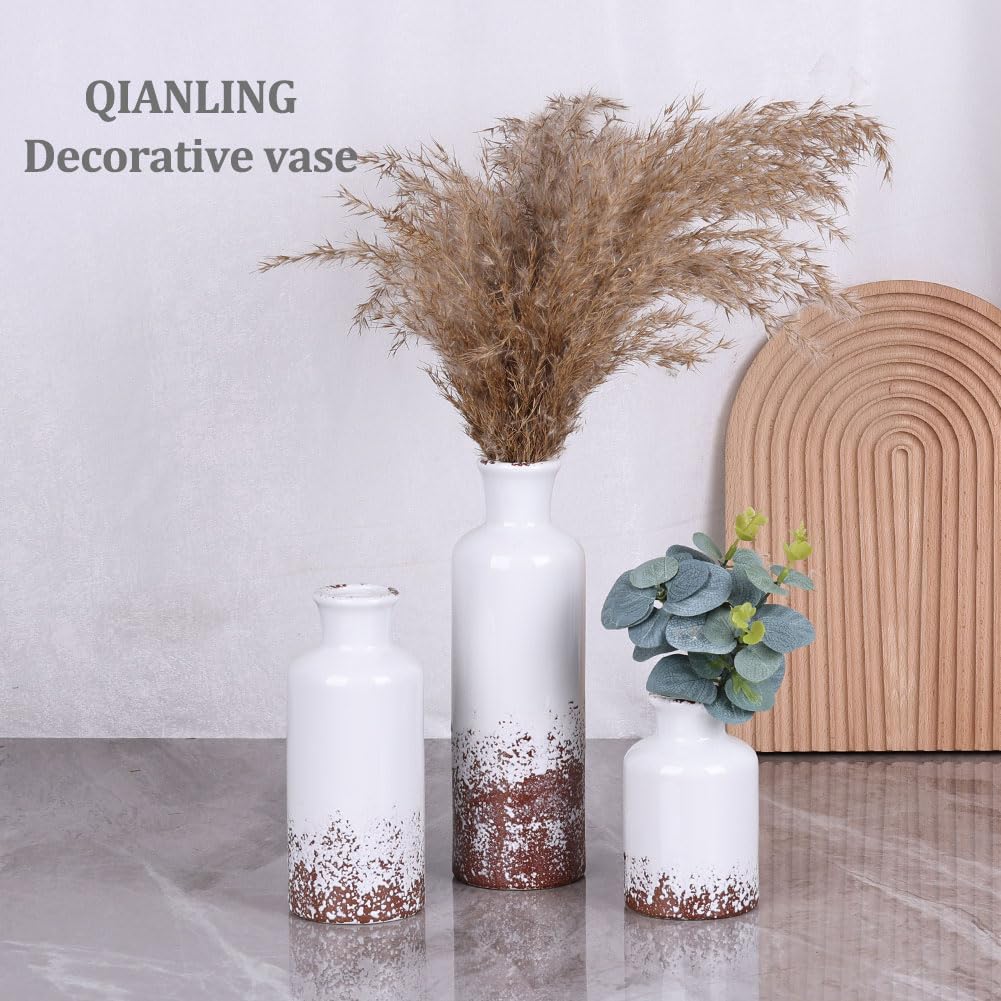 Blue Ceramic Vase Set - 3 Blue Small Vases, Farmhouse Country Flower Vase Home Decor, Living Room Decoration, Table Decoration, Fireplace Decor, and Entrance Decorations Centerpieces