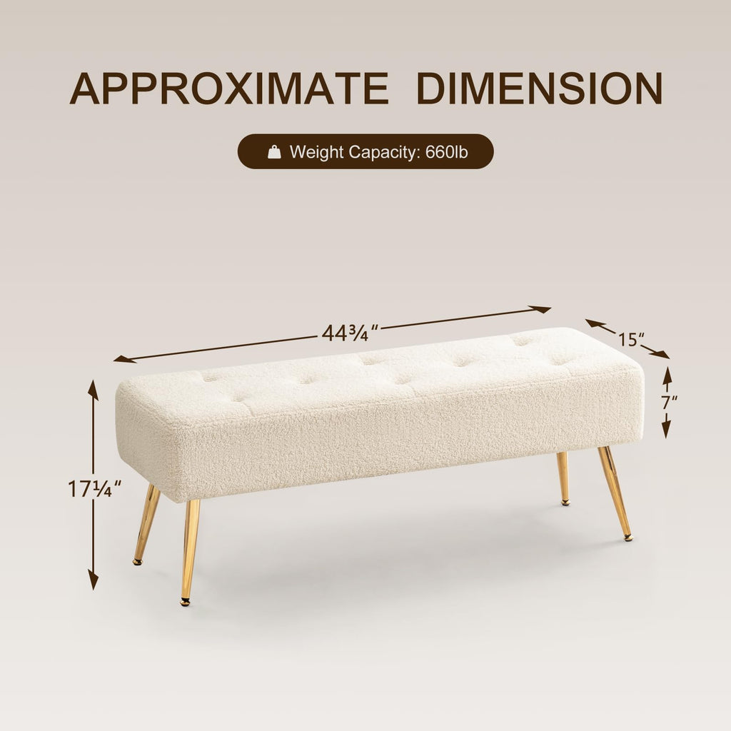 Furnimart 44 Inch Green Velvet Bench Ottoman Comfortable Footrest Stool Table Bench Dining Bench Tufting Bench Indoor Bench with Gold Legs for Living Room Bedroom Entryway (Velvet-Green)