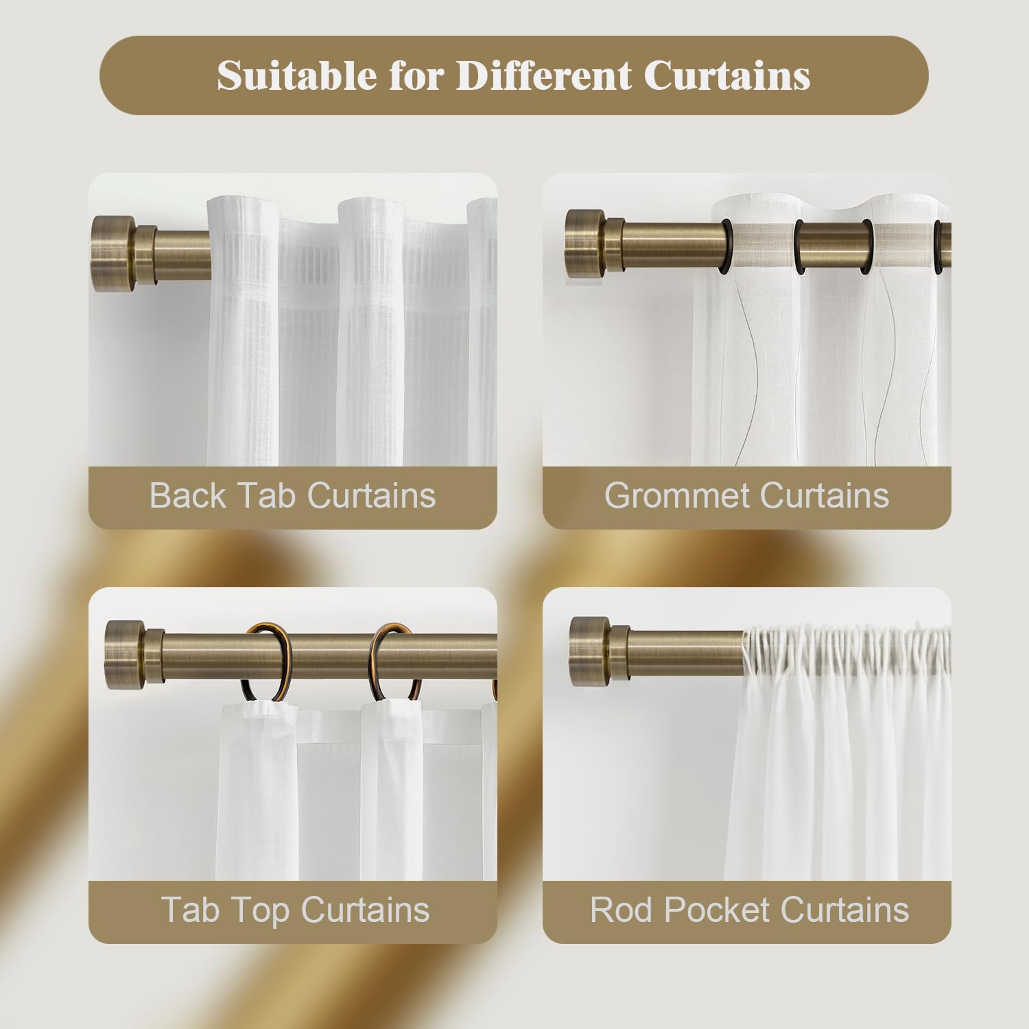 Oneach Heavy Duty Curtain Rods for Windows 72 to 144 Inch, 1 Inch Brass Gold Curtain Rod, Adjustable Length Rod with Metal Finials, Modern Decorative for Bedroom Kitchen Living Room (16 to 150 Inch)
