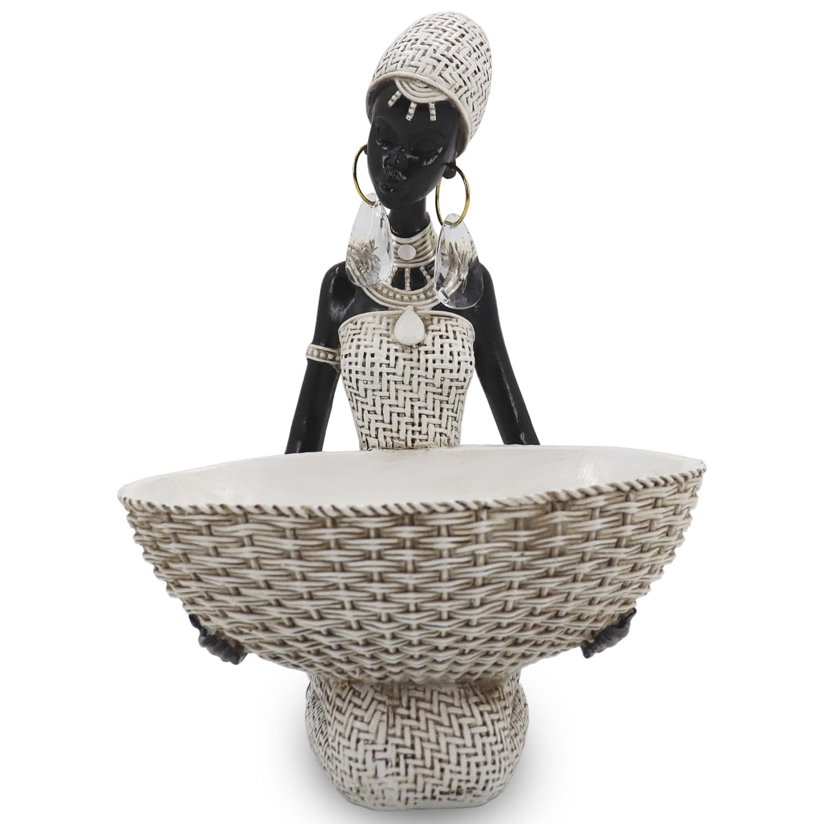Lescafita African Woman Sculpture with Gold Leaf Bowl, Handmade Resin Figurine, Exotic Tribal Art Statue for Living Room, Dining Table, or Entryway Decoration