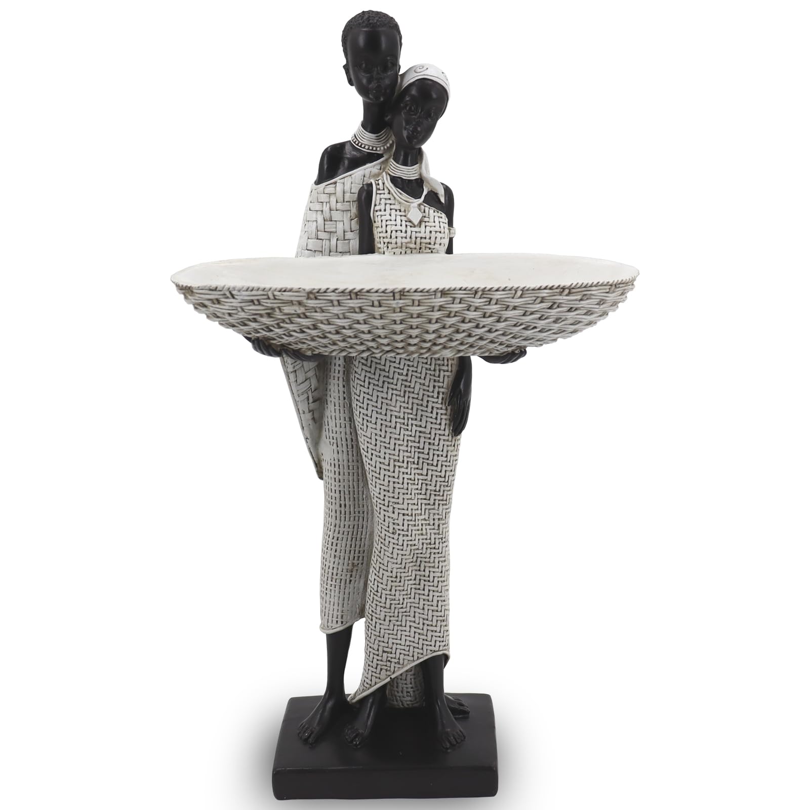 Lescafita African Woman Sculpture with Gold Leaf Bowl, Handmade Resin Figurine, Exotic Tribal Art Statue for Living Room, Dining Table, or Entryway Decoration