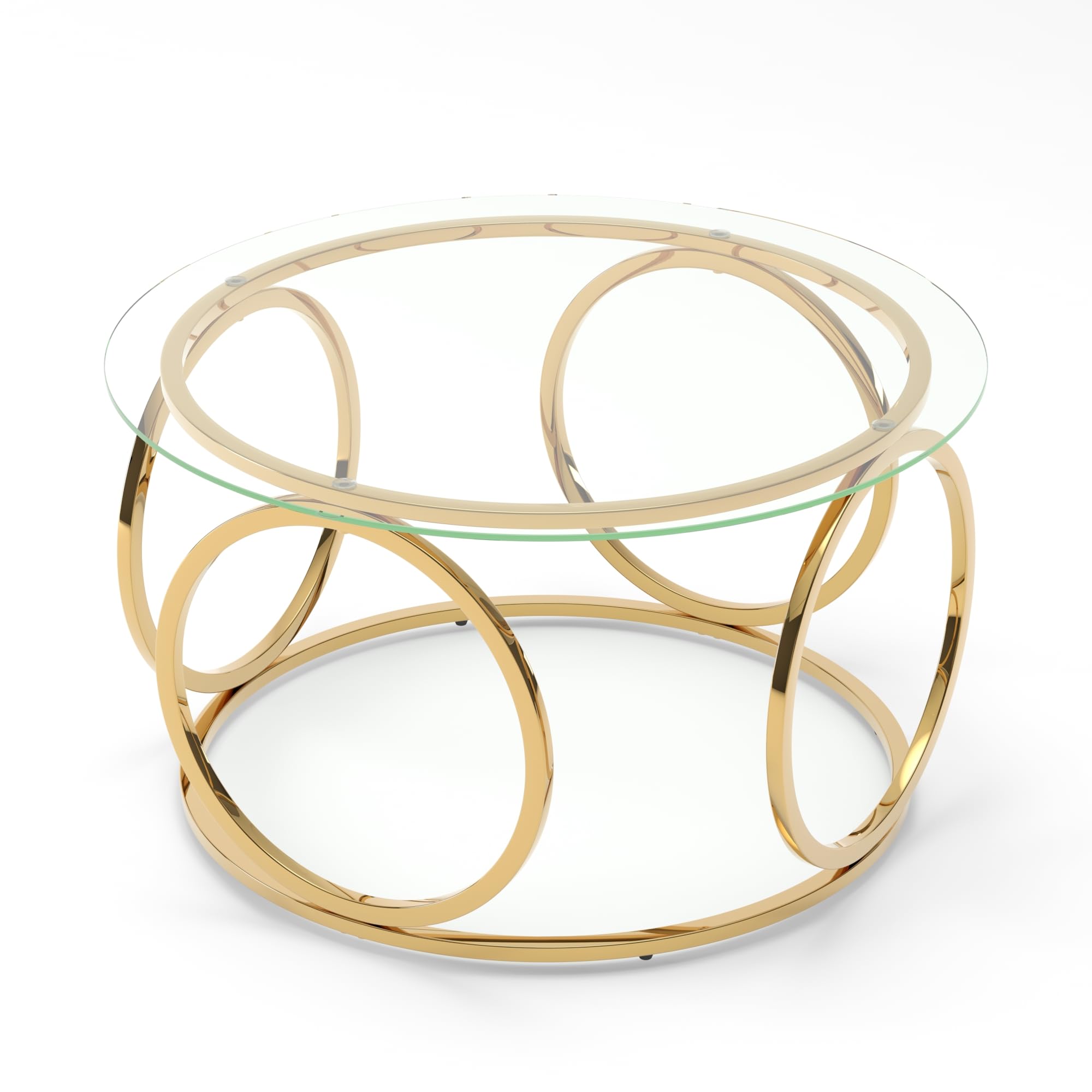 32" Tempered Glass Round Coffee Table Modern Gold Frame Ring Base Single-Layer Circle Living Room Center Tables