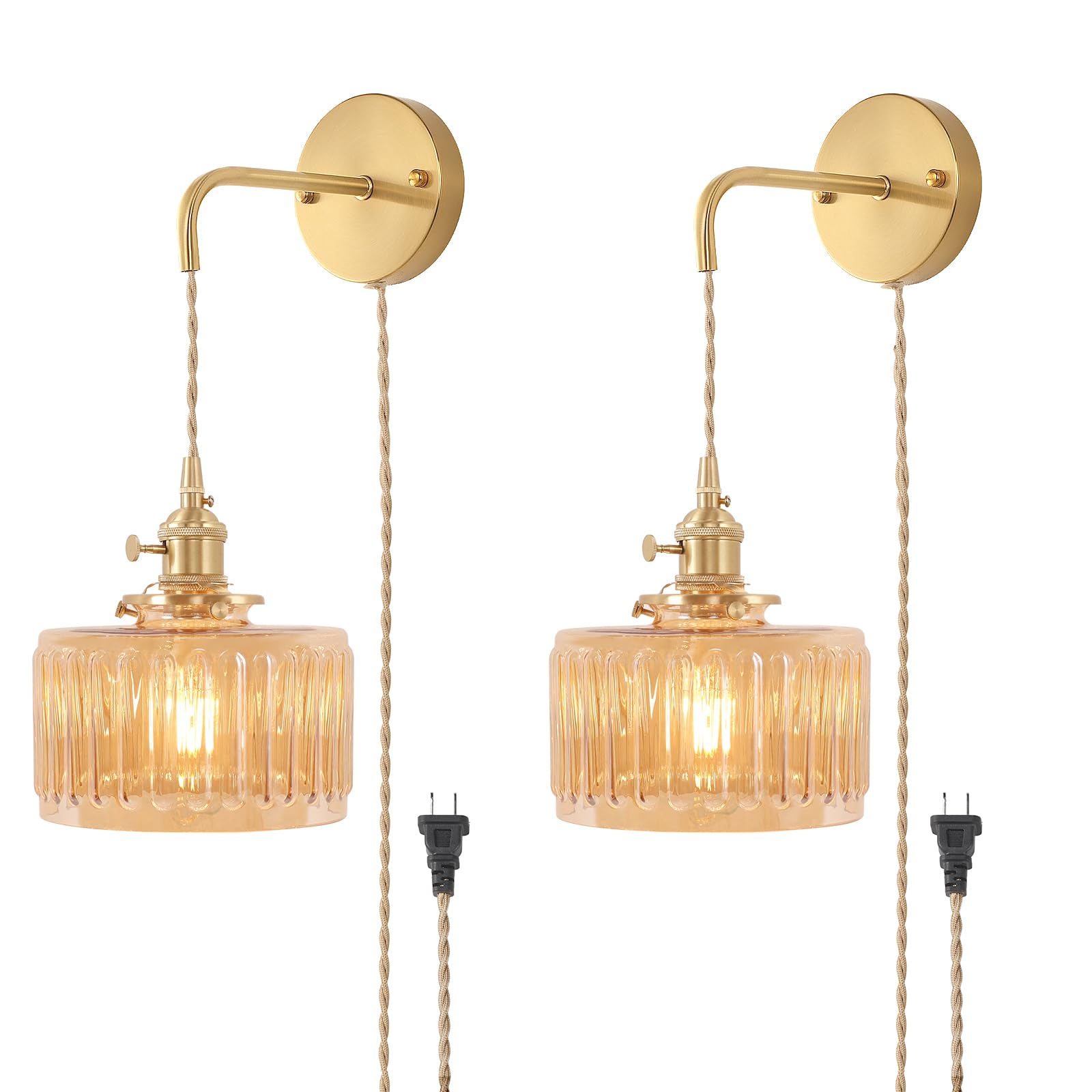 Shenmoyl Vintage Wall Sconce Wall Lamp with Amber Striped Glass Shade Hanging Wall Sconce with 4.9FT Plug in Cord, Modern Wall Lamp Fixtures Decor for Bedside Bedroom Indoor Doorway