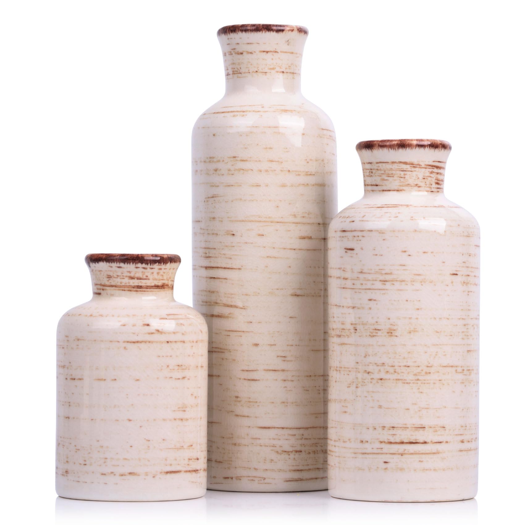 Blue Ceramic Vase Set - 3 Blue Small Vases, Farmhouse Country Flower Vase Home Decor, Living Room Decoration, Table Decoration, Fireplace Decor, and Entrance Decorations Centerpieces
