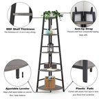 BON AUGURE 5-Tier Corner Ladder Shelf Stand, Black Metal Wood Corner Bookshelf, Narrow Tall Display Bookcase Shelving Unit for Living Room, Home Office, Small Space (Rustic Oak)