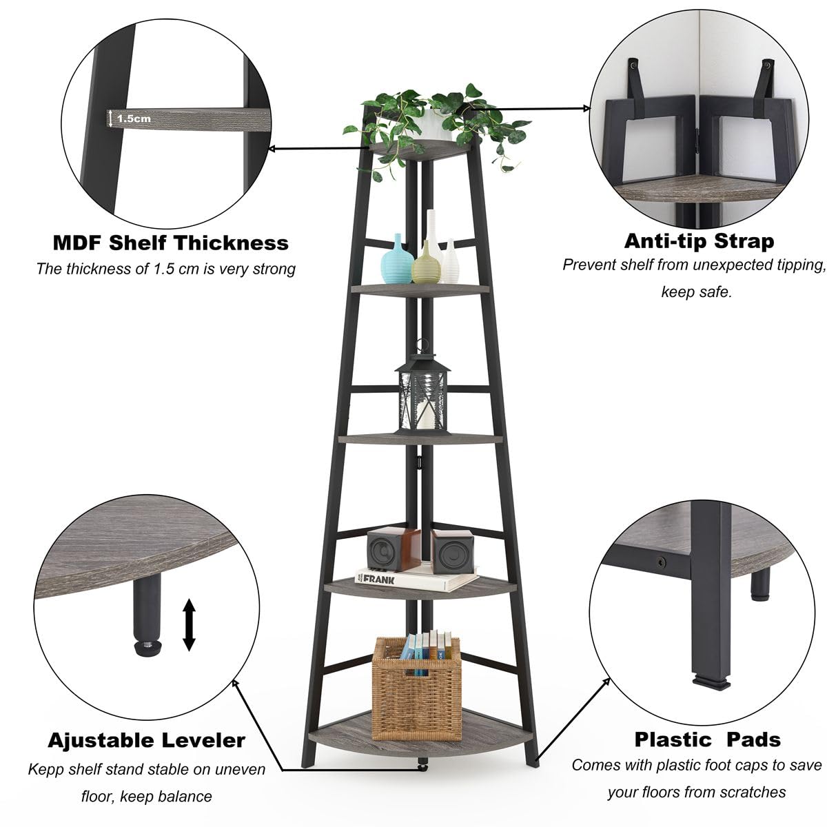 BON AUGURE 5-Tier Corner Ladder Shelf Stand, Black Metal Wood Corner Bookshelf, Narrow Tall Display Bookcase Shelving Unit for Living Room, Home Office, Small Space (Rustic Oak)
