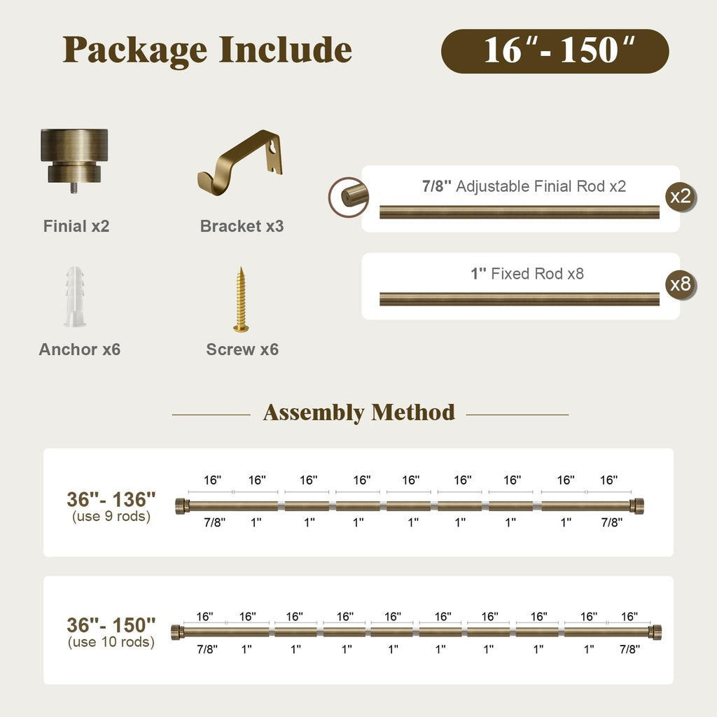 Oneach Heavy Duty Curtain Rods for Windows 72 to 144 Inch, 1 Inch Brass Gold Curtain Rod, Adjustable Length Rod with Metal Finials, Modern Decorative for Bedroom Kitchen Living Room (16 to 150 Inch)