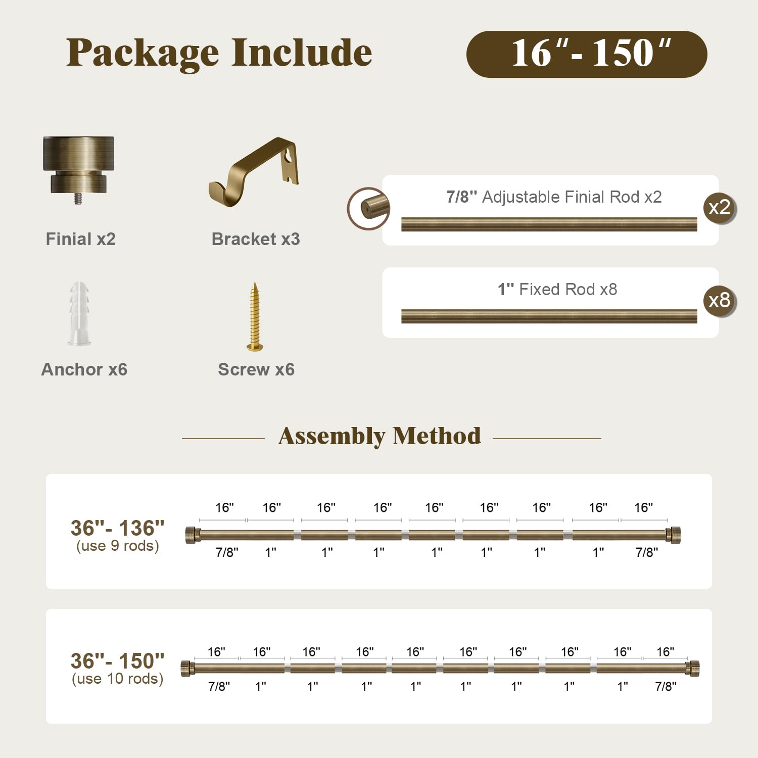Oneach Heavy Duty Curtain Rods for Windows 72 to 144 Inch, 1 Inch Brass Gold Curtain Rod, Adjustable Length Rod with Metal Finials, Modern Decorative for Bedroom Kitchen Living Room (16 to 150 Inch)