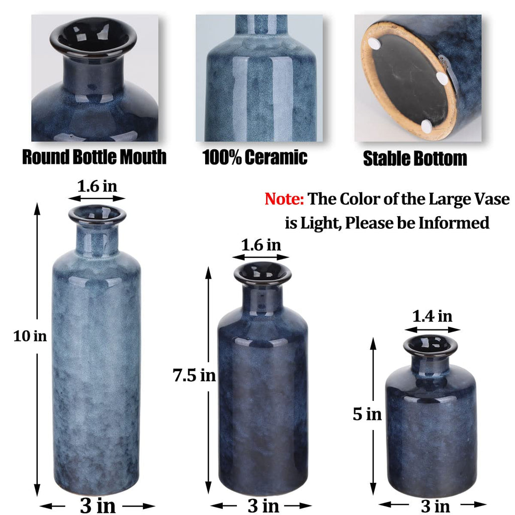 Blue Ceramic Vase Set - 3 Blue Small Vases, Farmhouse Country Flower Vase Home Decor, Living Room Decoration, Table Decoration, Fireplace Decor, and Entrance Decorations Centerpieces