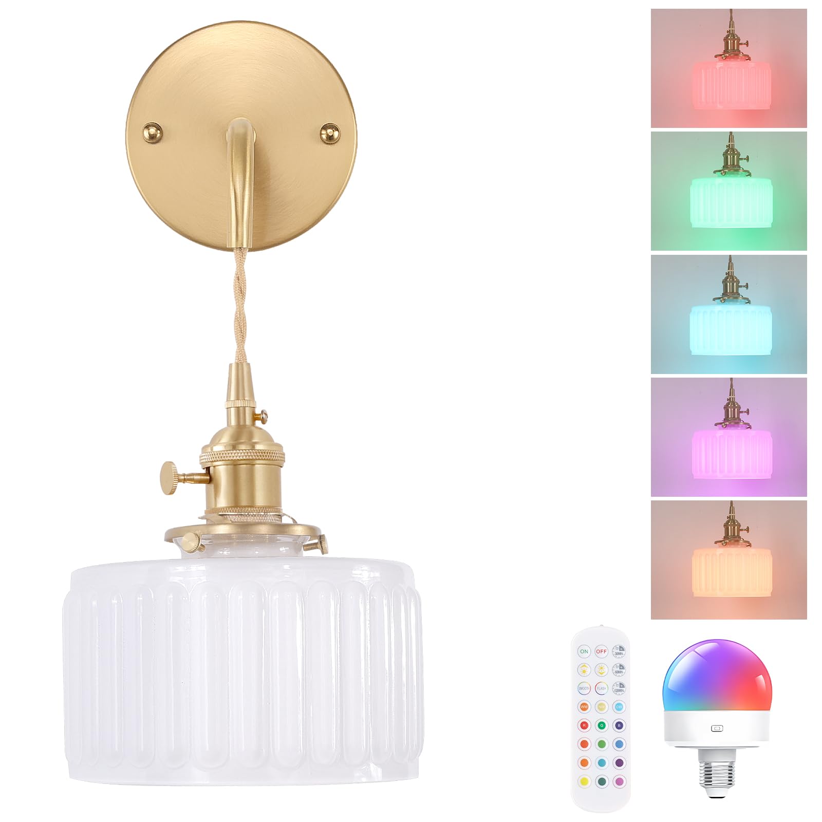 Shenmoyl Vintage Wall Sconce Wall Lamp with Amber Striped Glass Shade Hanging Wall Sconce with 4.9FT Plug in Cord, Modern Wall Lamp Fixtures Decor for Bedside Bedroom Indoor Doorway