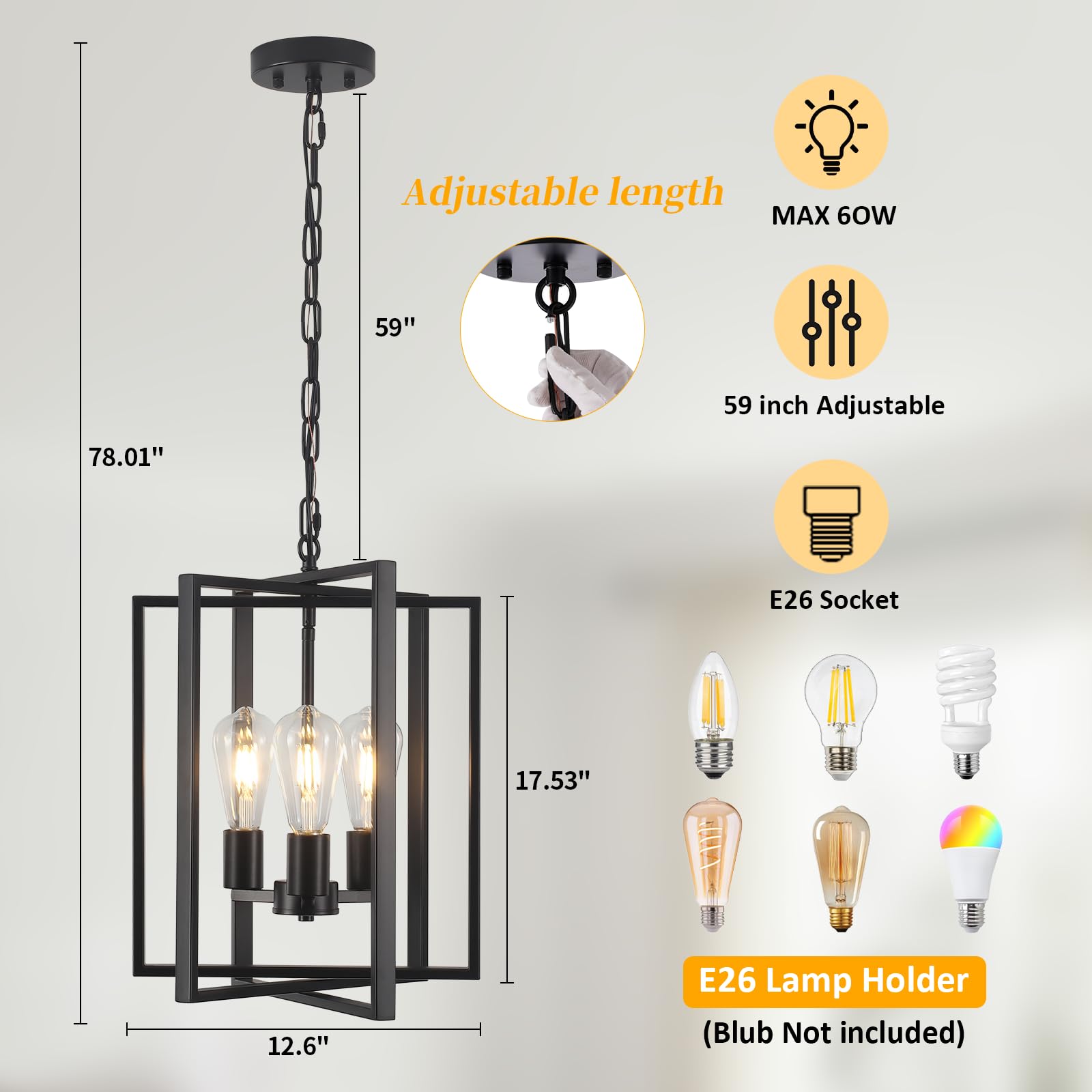 Black Gold Chandelier for Dining Room, Modern Farmhouse 3 Light Entryway Pendant Light Fixture Adjustable Geometric Industrial Rustic Foyer Light for Living Room Kitchen Island Hallway Bedroom