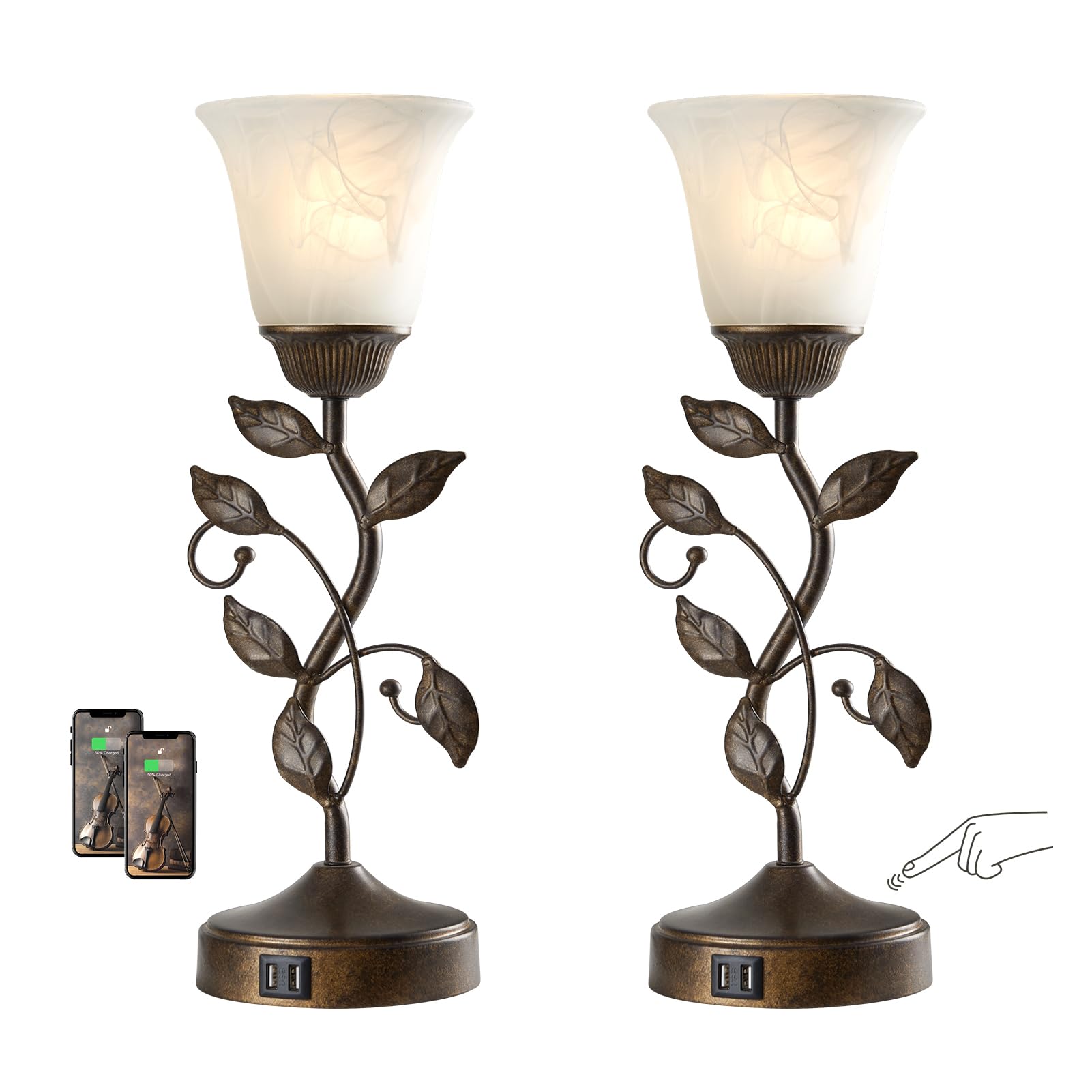 Touch Control Table Lamp with 2 USB Charging Ports, 3-Way Dimmable Bedside Nightstand Lamps, Amber Glass Shade Vintage Rural Leaf Lamp for Living Room, Bedroom, Dresser, LED Bulb Included (Bronze)