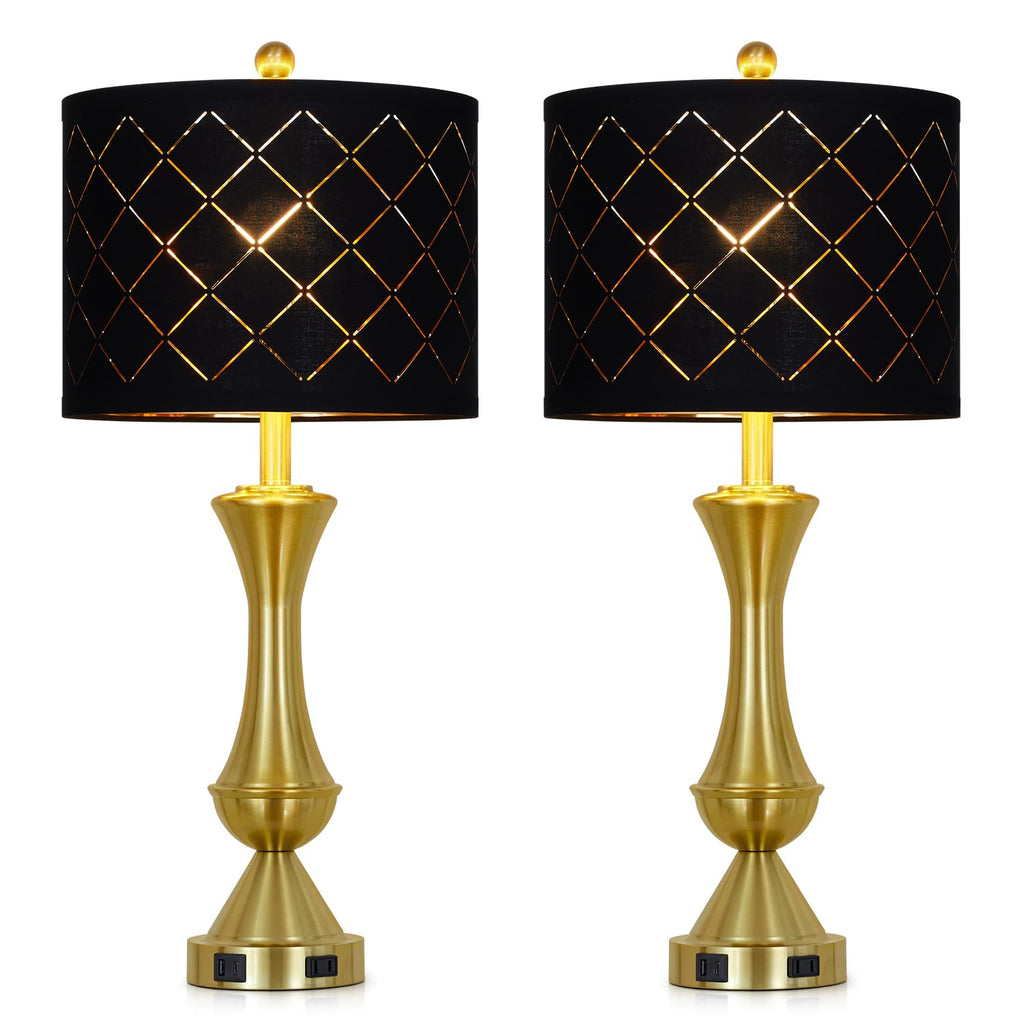 29" Gold Modern Table Lamps Set of 2, 3-Way Dimmable Touch Lamps for Nightstand with USB A+C & Outlets,Brass Lamps for Living Room, Bedroom, Nightstand, Entryway(2 Bulbs Included)