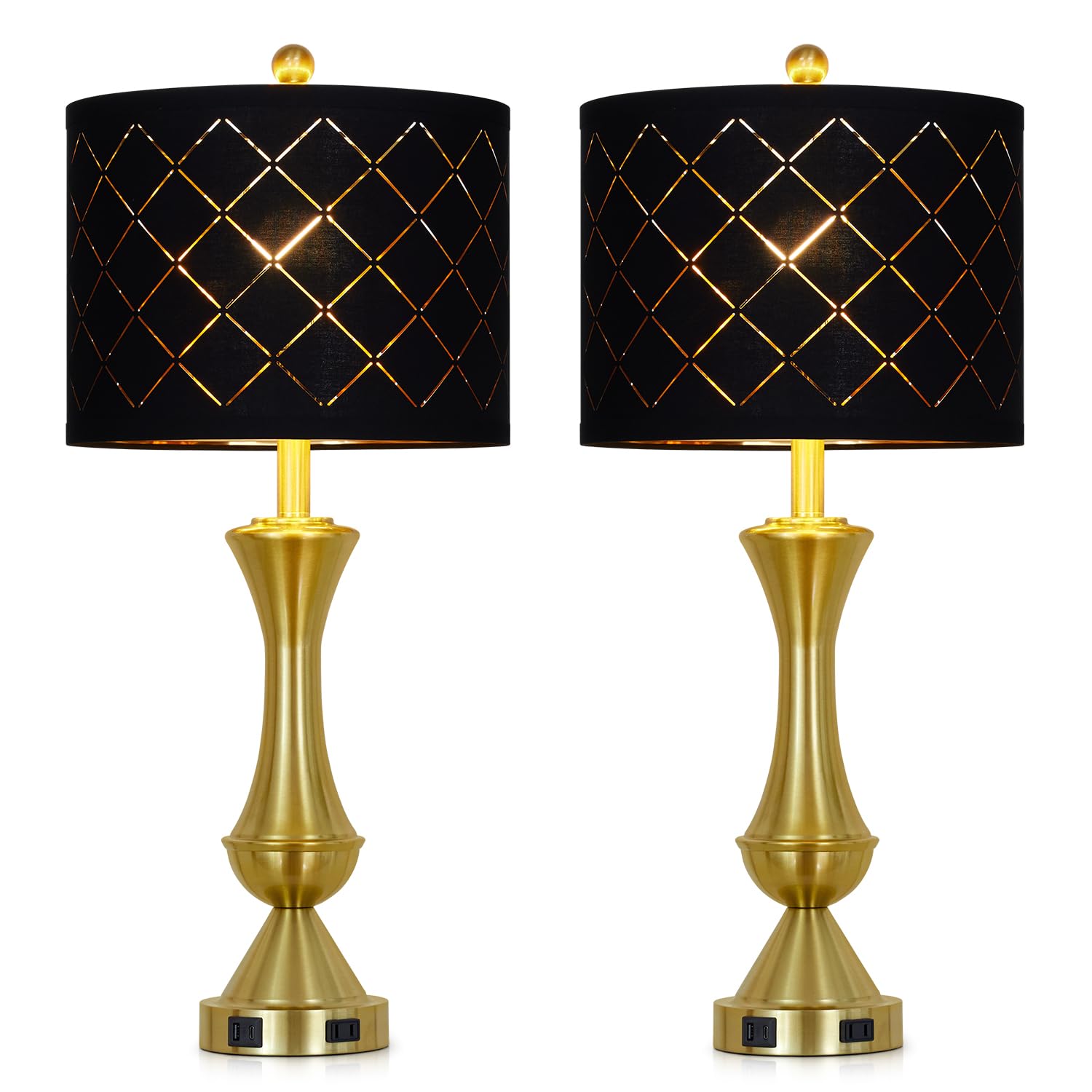 29" Gold Modern Table Lamps Set of 2, 3-Way Dimmable Touch Lamps for Nightstand with USB A+C & Outlets,Brass Lamps for Living Room, Bedroom, Nightstand, Entryway(2 Bulbs Included)
