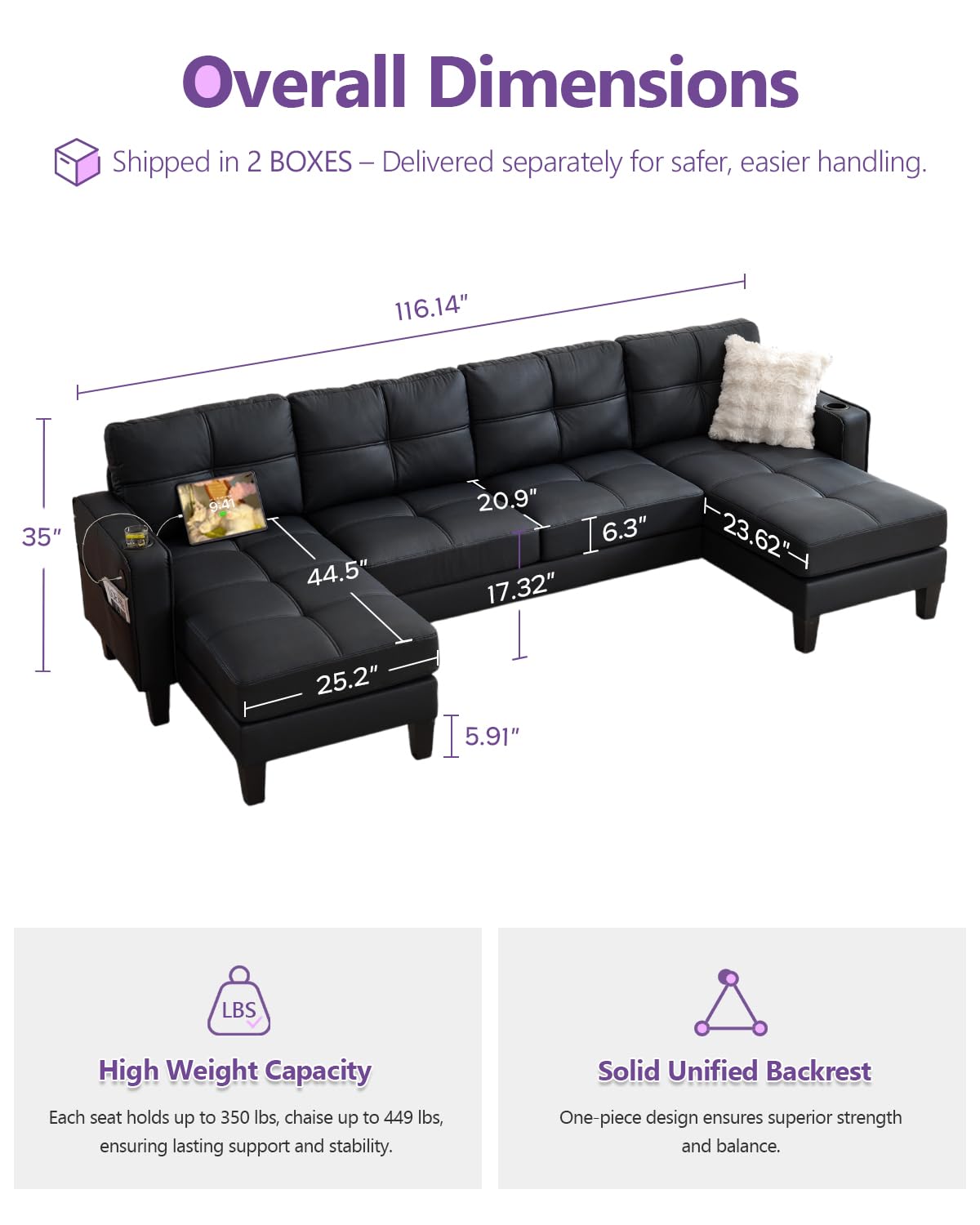 TYBOATLE 88" W Blue Faux Leather L Shaped Sectional Couches w/Side Pockets, Comfy Modular Convertible Sofas w/USB, Office Sofa Set with Chaise for Living Room, Bedroom (Blue, 3L)