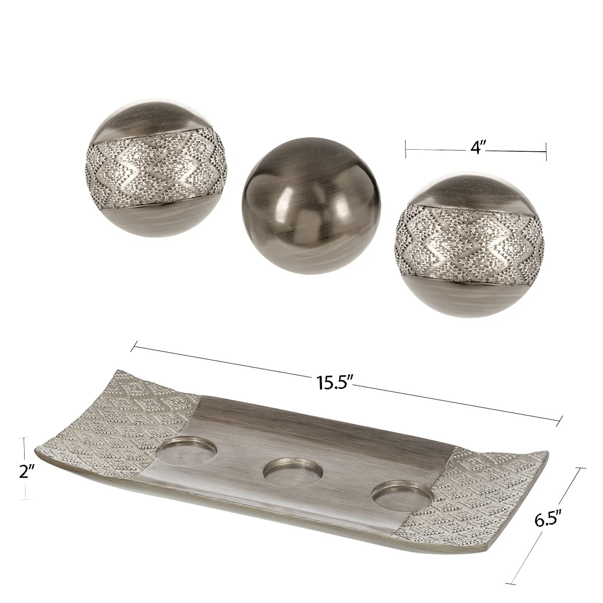 Creative Scents Dublin Silver Decorative Tray and Orbs Balls Set - Centerpiece Bowl with Balls for Dining room Table, Rustic Coffee Table Decor for Living Room Decor, Gift Boxed
