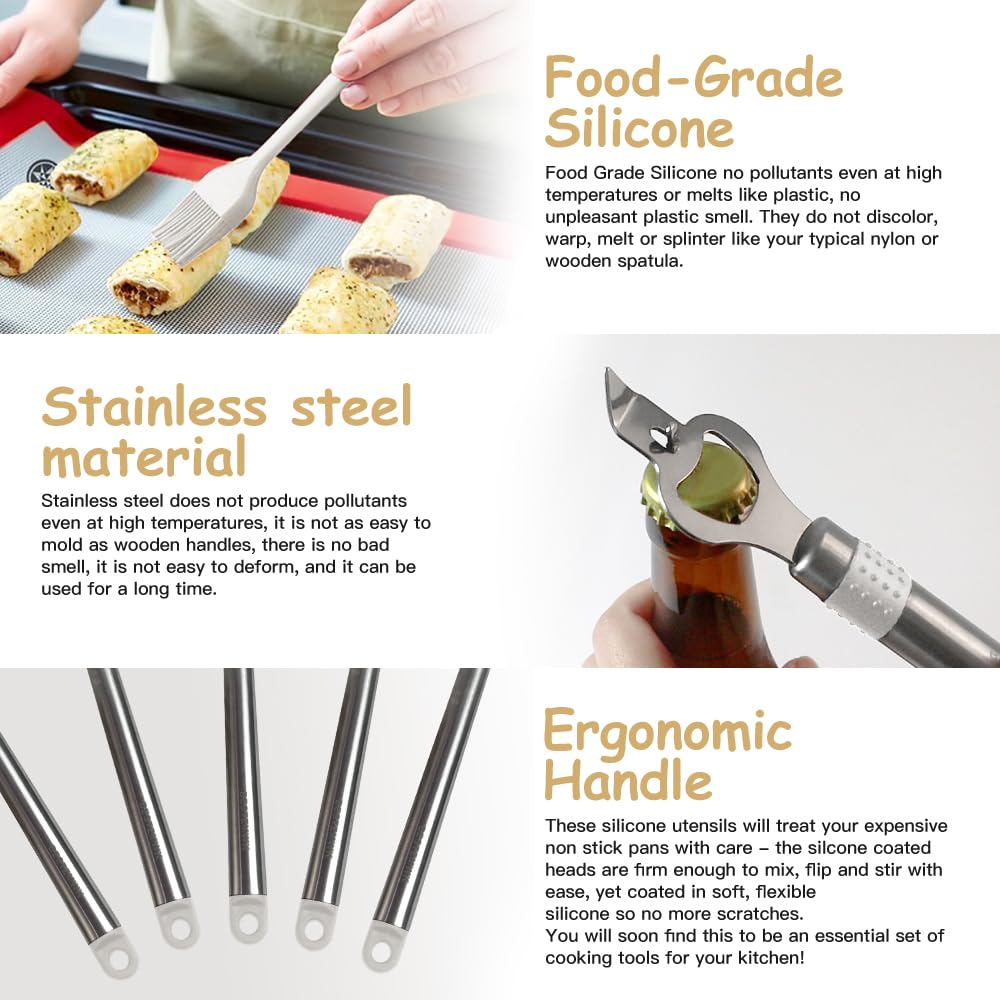 Kitchen Utensil Set-Silicone Cooking Utensils-33 Kitchen Gadgets & Spoons for Nonstick Cookware-Silicone and Stainless Steel Spatula Set-Best Kitchen Tools, Useful Pots (Khaki)