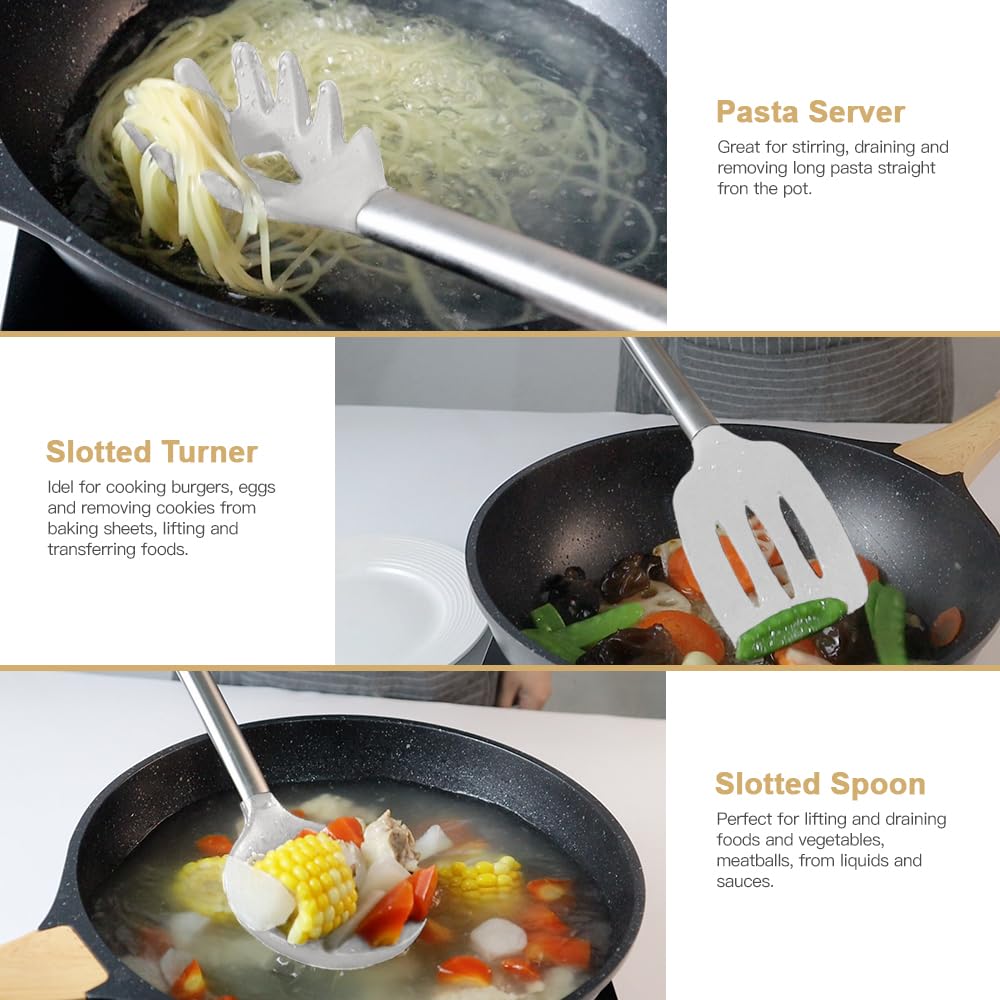 Kitchen Utensil Set-Silicone Cooking Utensils-33 Kitchen Gadgets & Spoons for Nonstick Cookware-Silicone and Stainless Steel Spatula Set-Best Kitchen Tools, Useful Pots (Khaki)