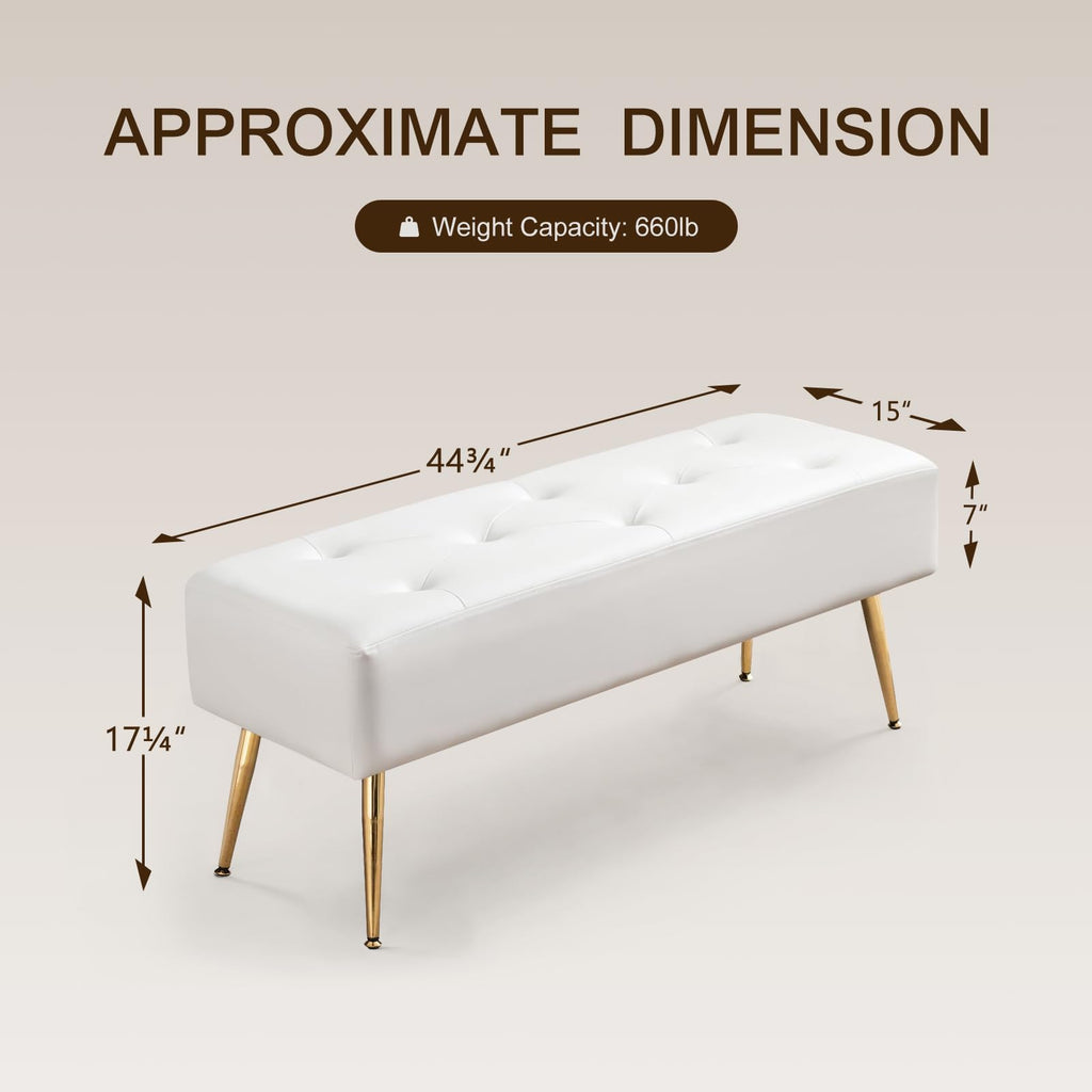Furnimart 44 Inch Green Velvet Bench Ottoman Comfortable Footrest Stool Table Bench Dining Bench Tufting Bench Indoor Bench with Gold Legs for Living Room Bedroom Entryway (Velvet-Green)