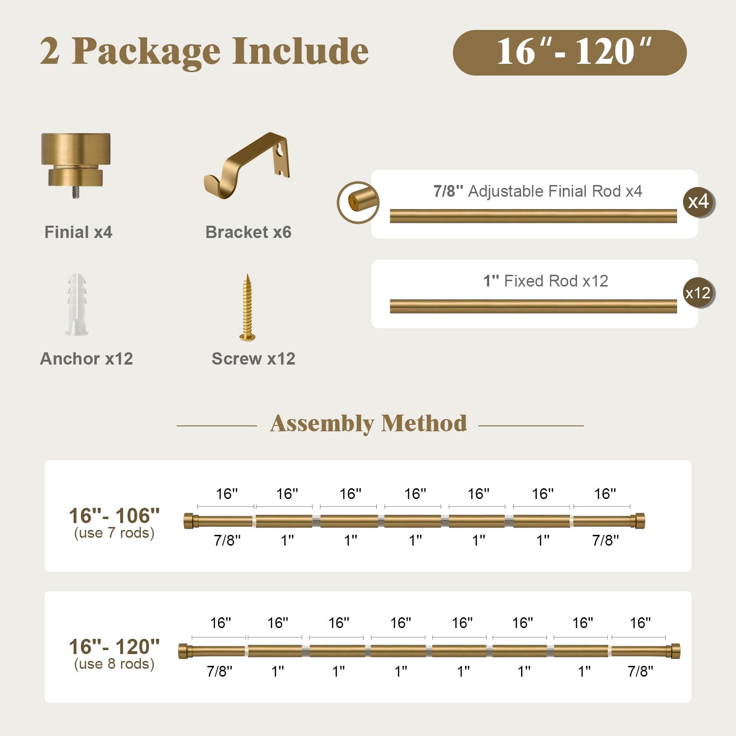 Oneach Heavy Duty Curtain Rods for Windows 72 to 144 Inch, 1 Inch Brass Gold Curtain Rod, Adjustable Length Rod with Metal Finials, Modern Decorative for Bedroom Kitchen Living Room (16 to 150 Inch)