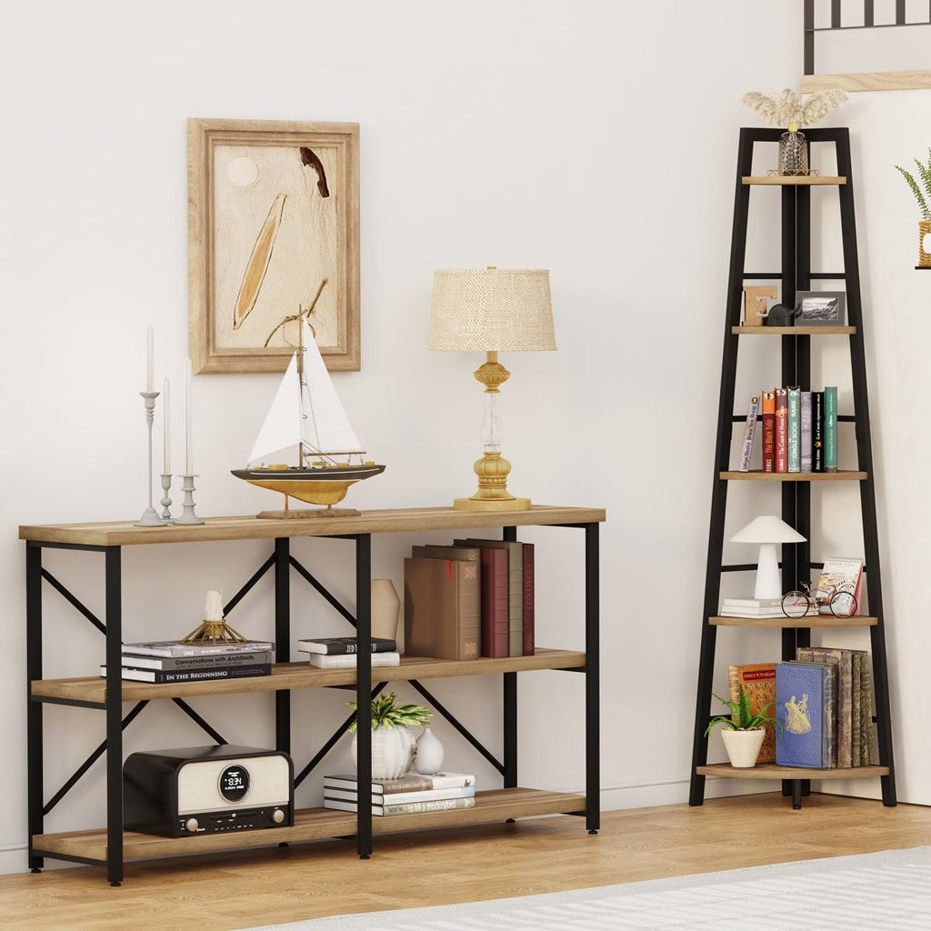 BON AUGURE 5-Tier Corner Ladder Shelf Stand, Black Metal Wood Corner Bookshelf, Narrow Tall Display Bookcase Shelving Unit for Living Room, Home Office, Small Space (Rustic Oak)
