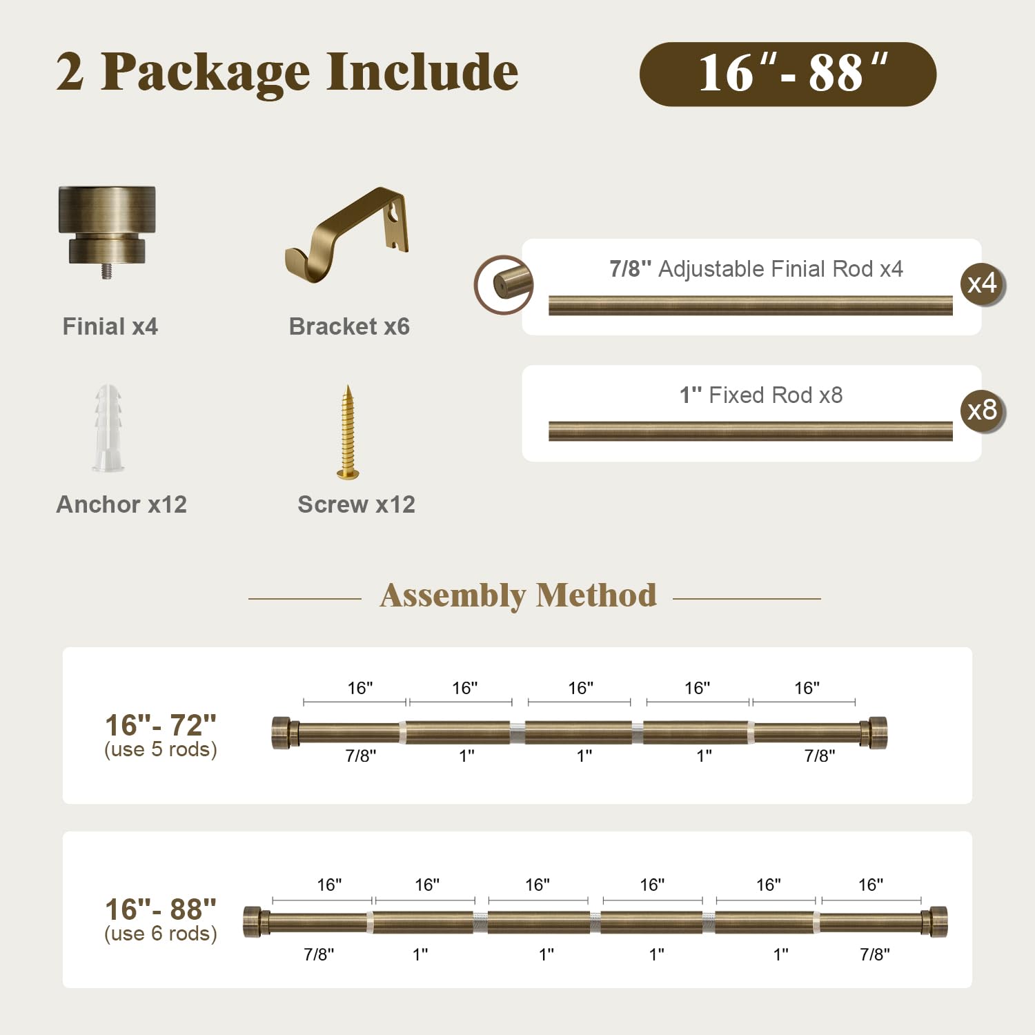 Oneach Heavy Duty Curtain Rods for Windows 72 to 144 Inch, 1 Inch Brass Gold Curtain Rod, Adjustable Length Rod with Metal Finials, Modern Decorative for Bedroom Kitchen Living Room (16 to 150 Inch)