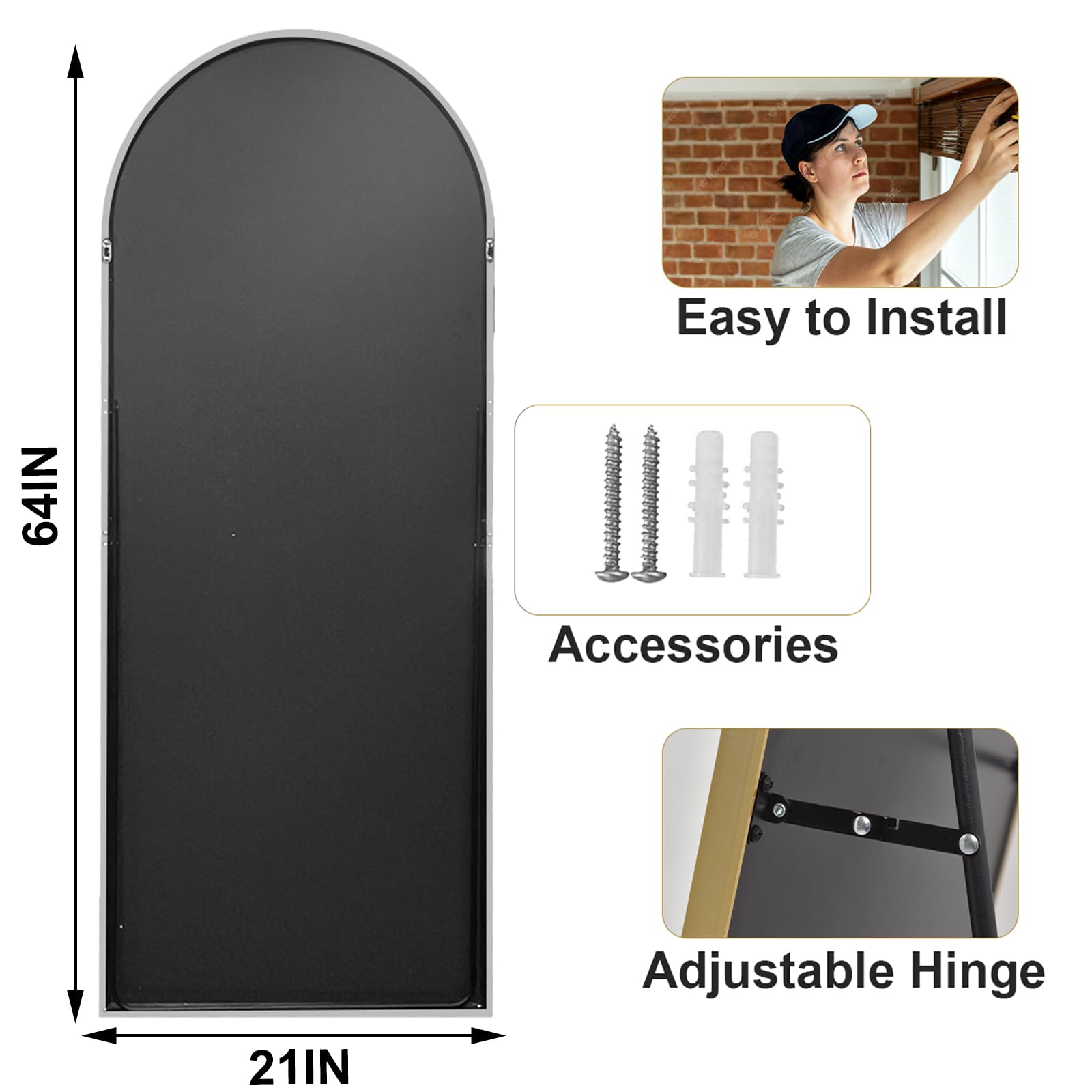 HARRITPURE 64"x21" Arched Full Length Mirror Floor Mirrors with Aluminum Alloy Frame Free-Standing Wall Mounted or Leaning Large Bedroom Dressing Mirror Modern & Contemporary Decor for Home,Black